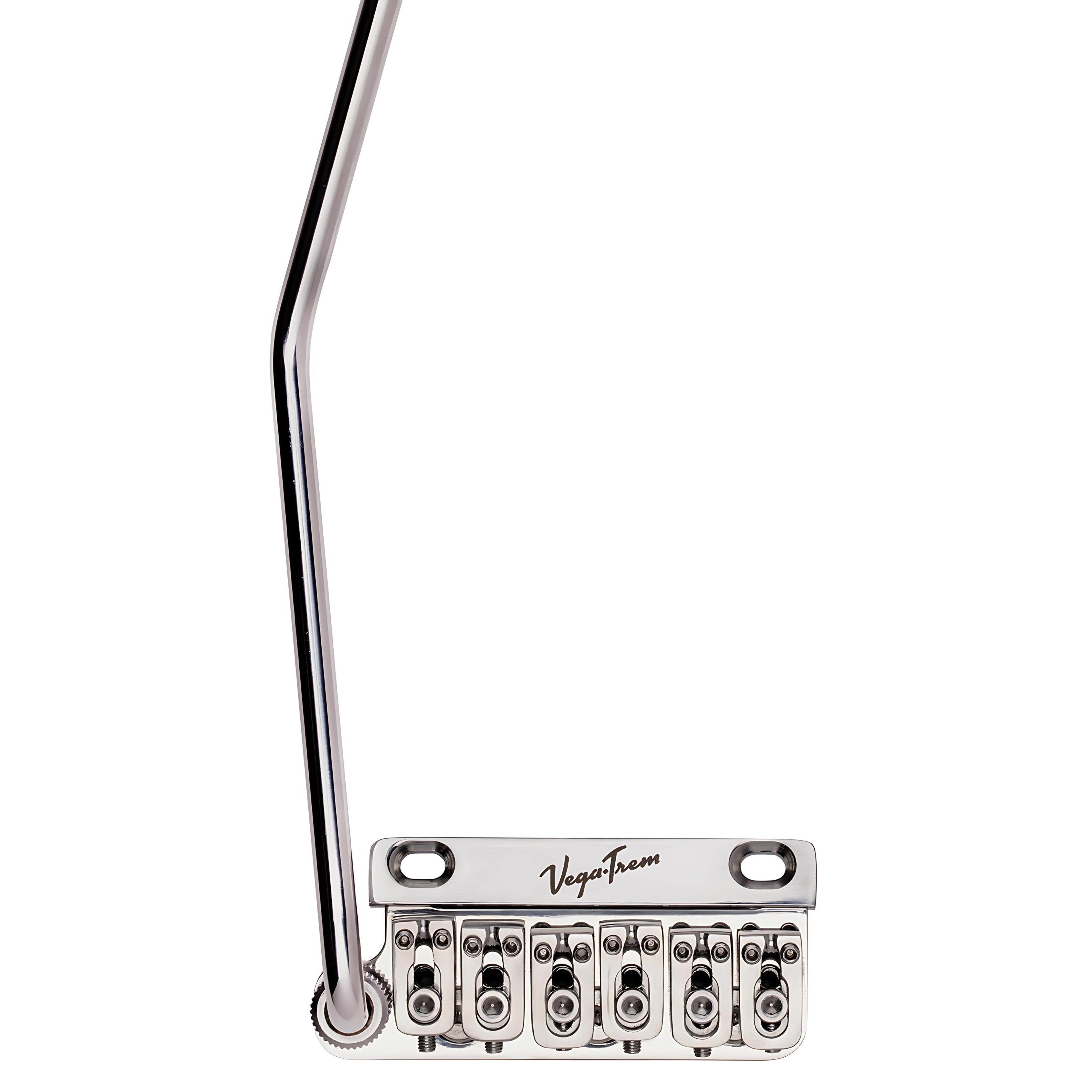 Vega-Trem VT1 Ultra-Trem 2-Point left-handed tremolo bridge in glossy chrome, front view with tremolo arm