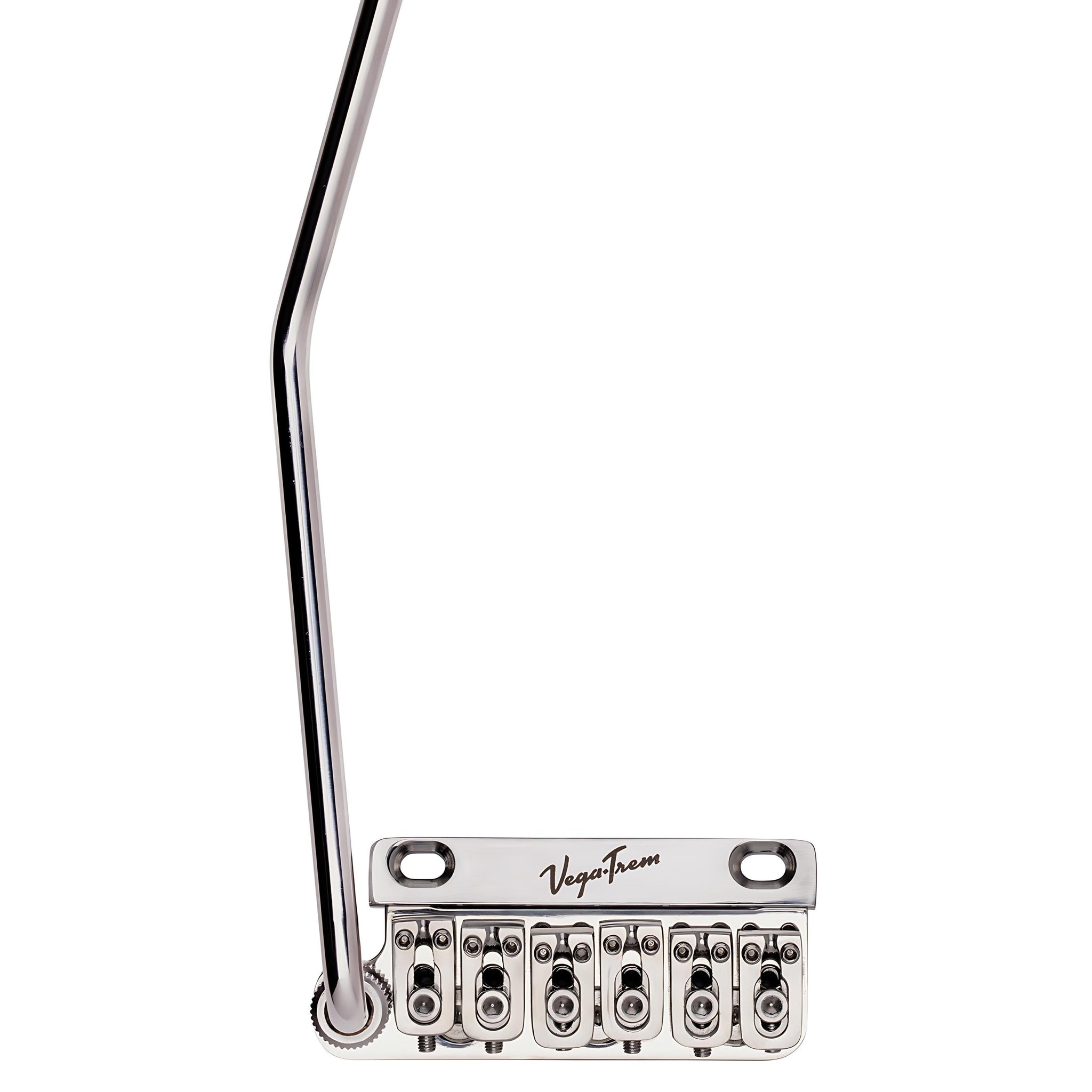 Vega-Trem VT1 Ultra-Trem 2-Point left-handed tremolo bridge in glossy chrome, front view with tremolo arm
