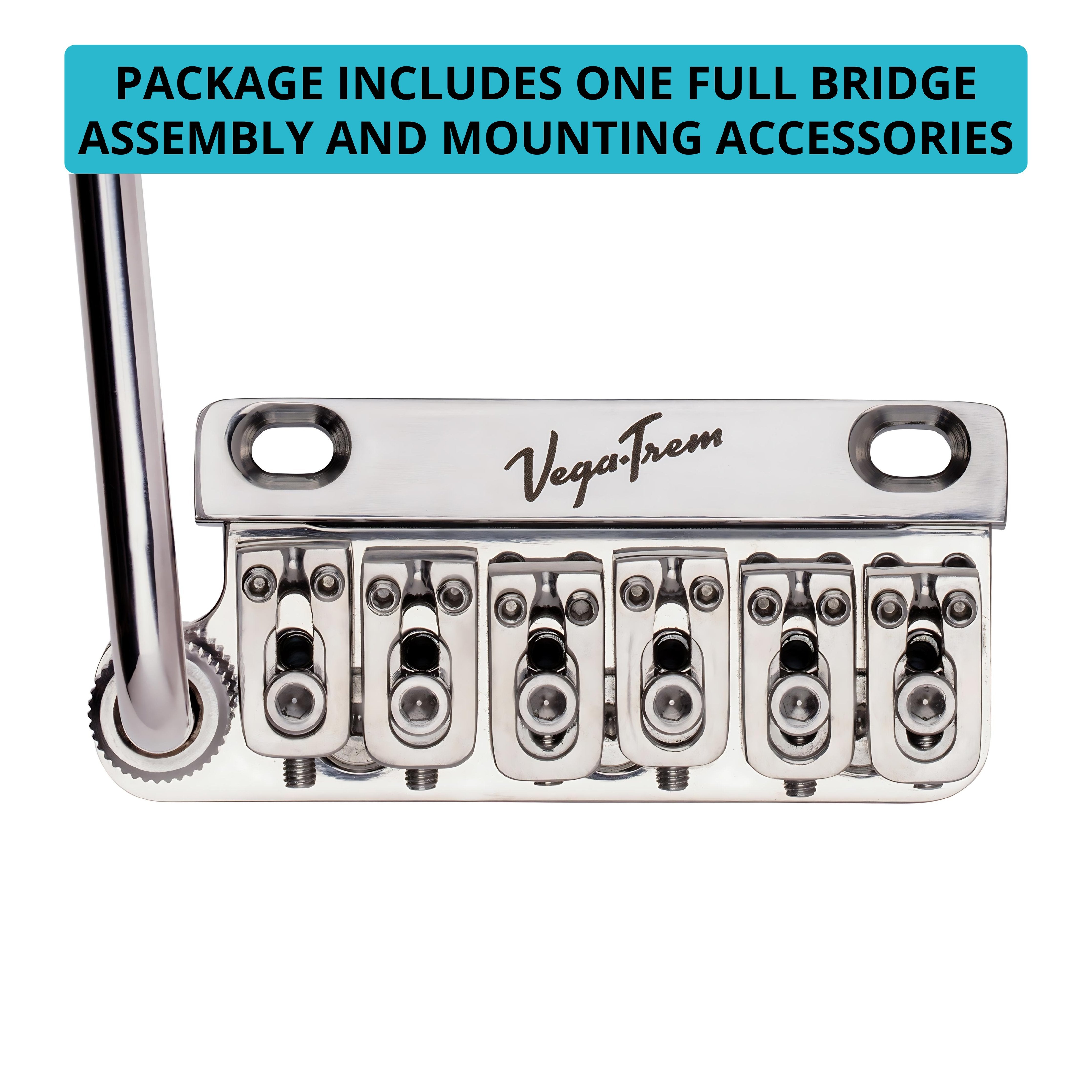 Vega-Trem VT1 Ultra-Trem 2-Point left-handed bridge close-up with text stating package includes full bridge assembly and mounting accessories
