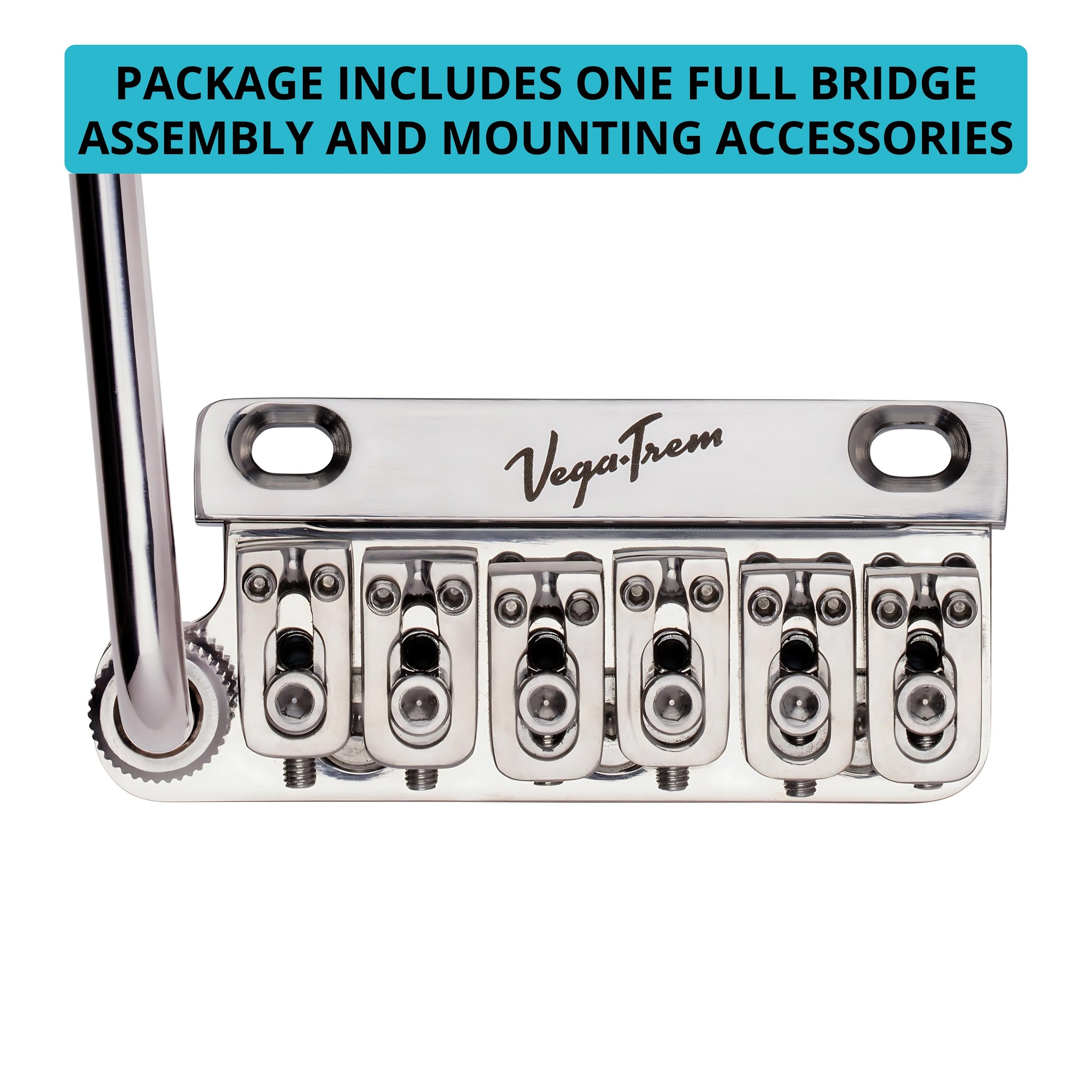 Vega-Trem VT1 Ultra-Trem 2-Point left-handed bridge close-up with text stating package includes full bridge assembly and mounting accessories