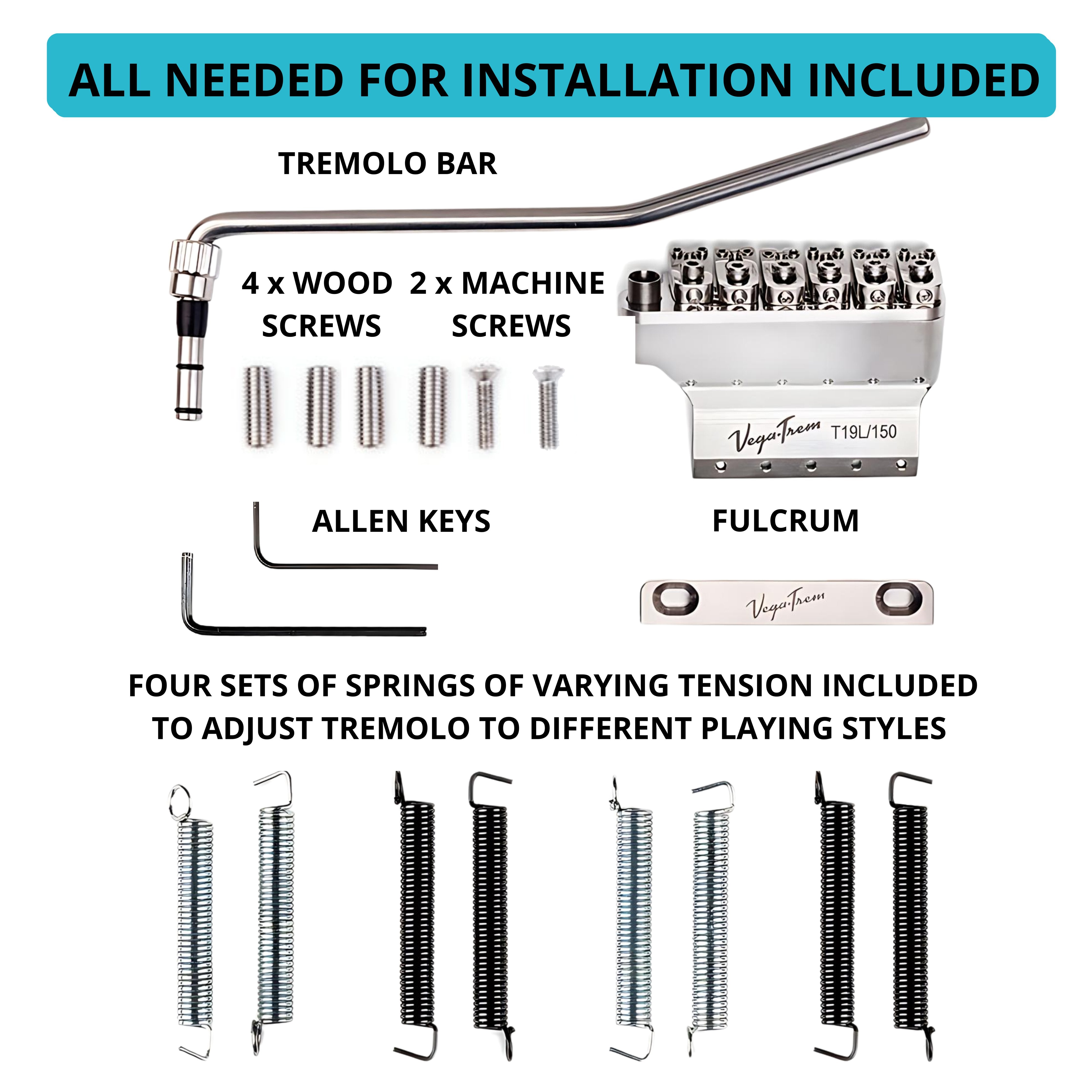 Vega-Trem VT1 Ultra-Trem 2-Point left-handed kit contents: tremolo arm, wood and machine screws, Allen keys, T19L/150 fulcrum block and four spring tension sets