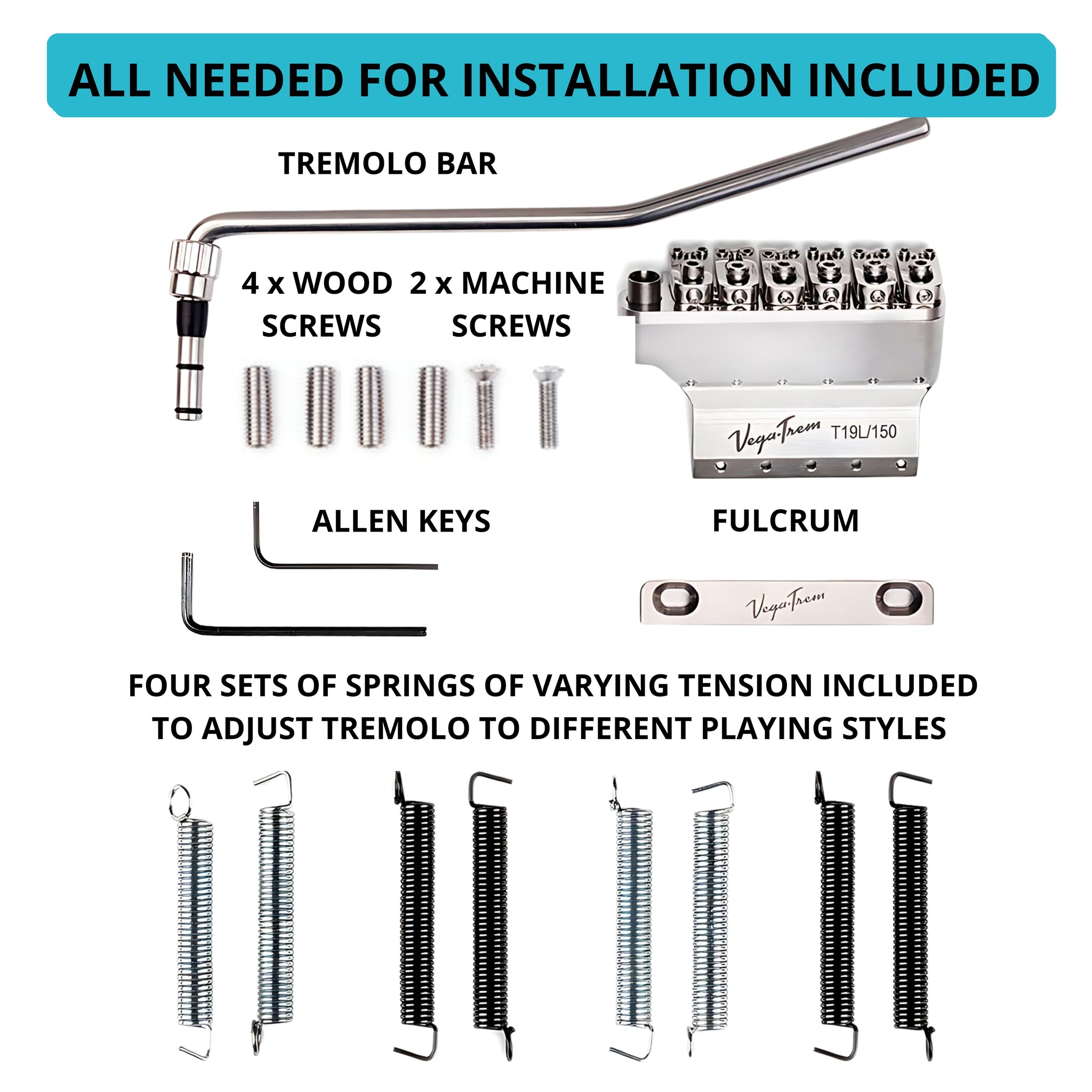 Vega-Trem VT1 Ultra-Trem 2-Point left-handed kit contents: tremolo arm, wood and machine screws, Allen keys, T19L/150 fulcrum block and four spring tension sets