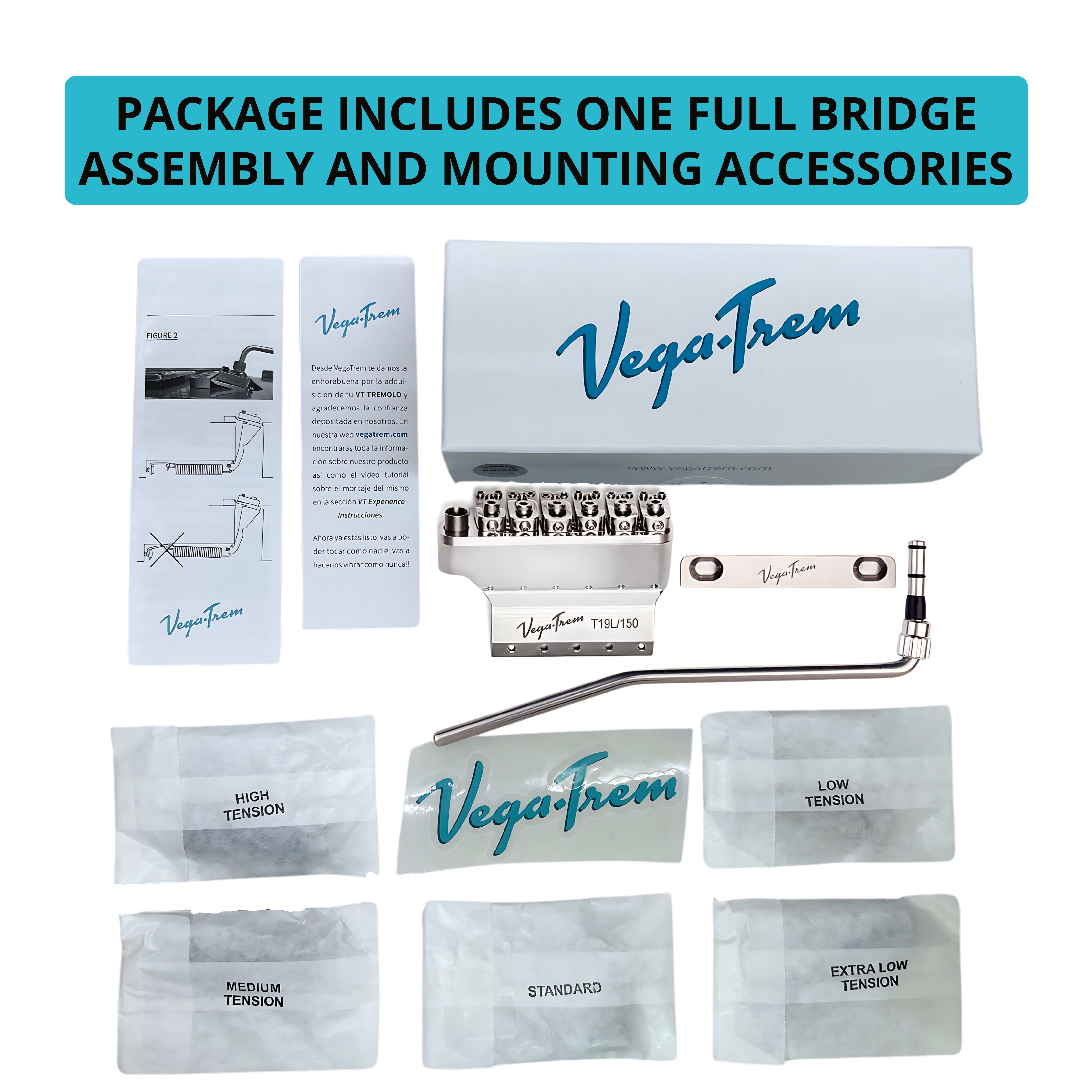 Vega-Trem VT1 Ultra-Trem 2-Point left-handed unboxed package with retail box, instruction leaflet, decal and five labeled tension spring packets