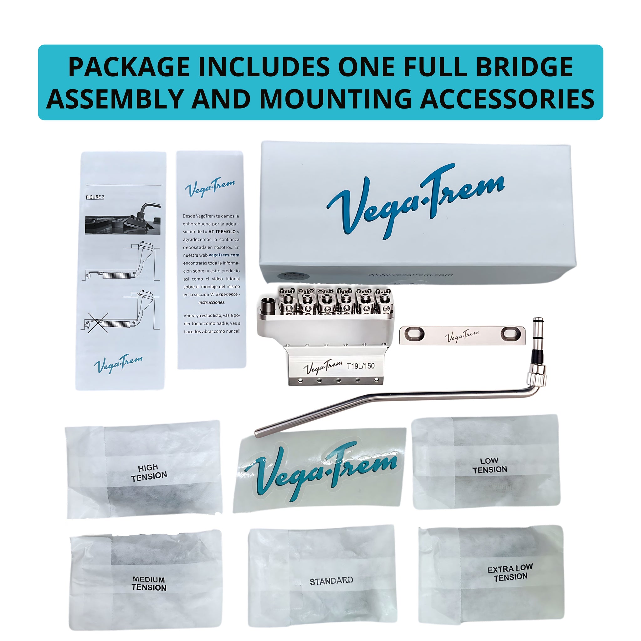 Vega-Trem VT1 Ultra-Trem 2-Point left-handed unboxed package with retail box, instruction leaflet, decal and five labeled tension spring packets