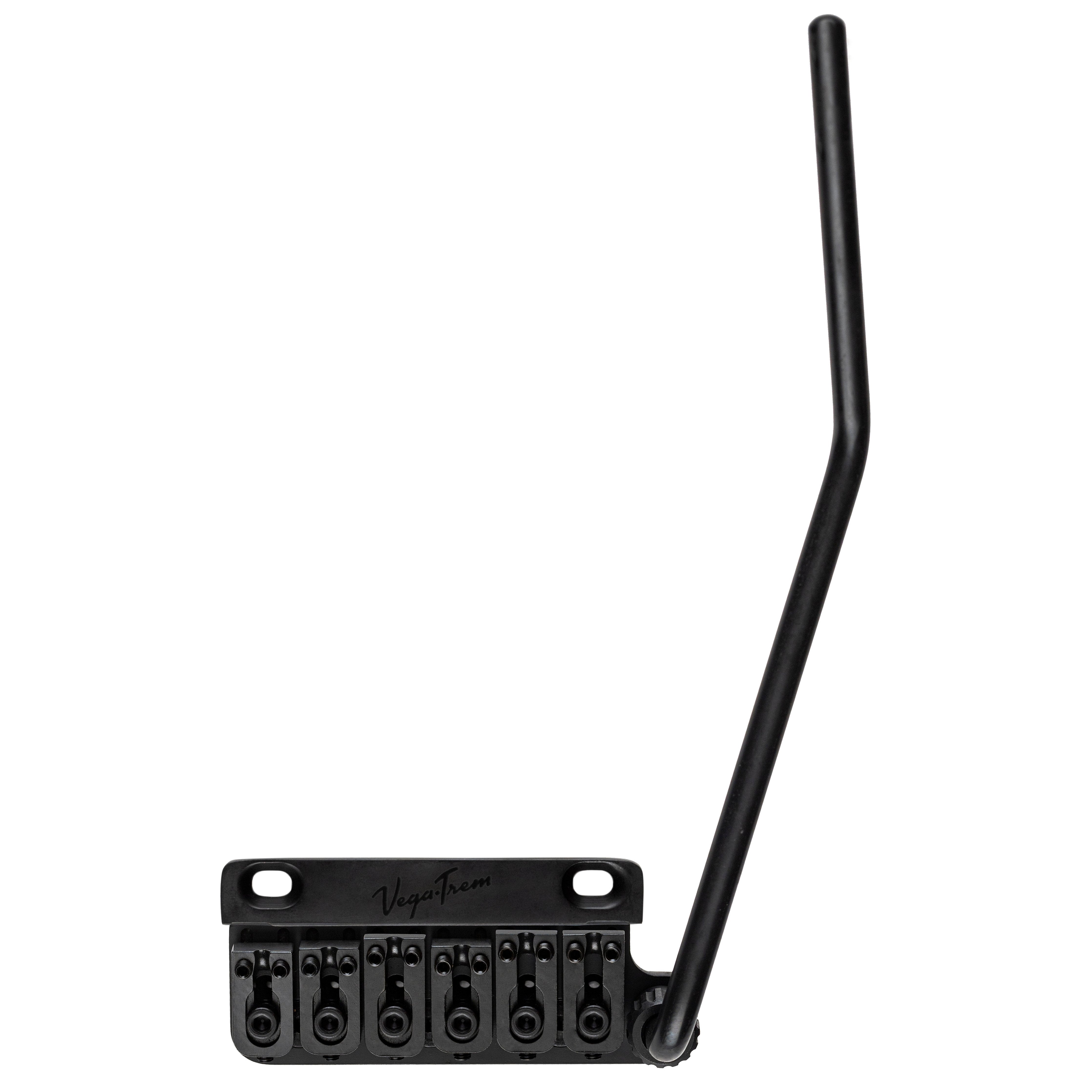 Vega-Trem VT1 Ultra-Trem 2-Point right-handed tremolo bridge in black finish with tremolo arm, angled front view on white background