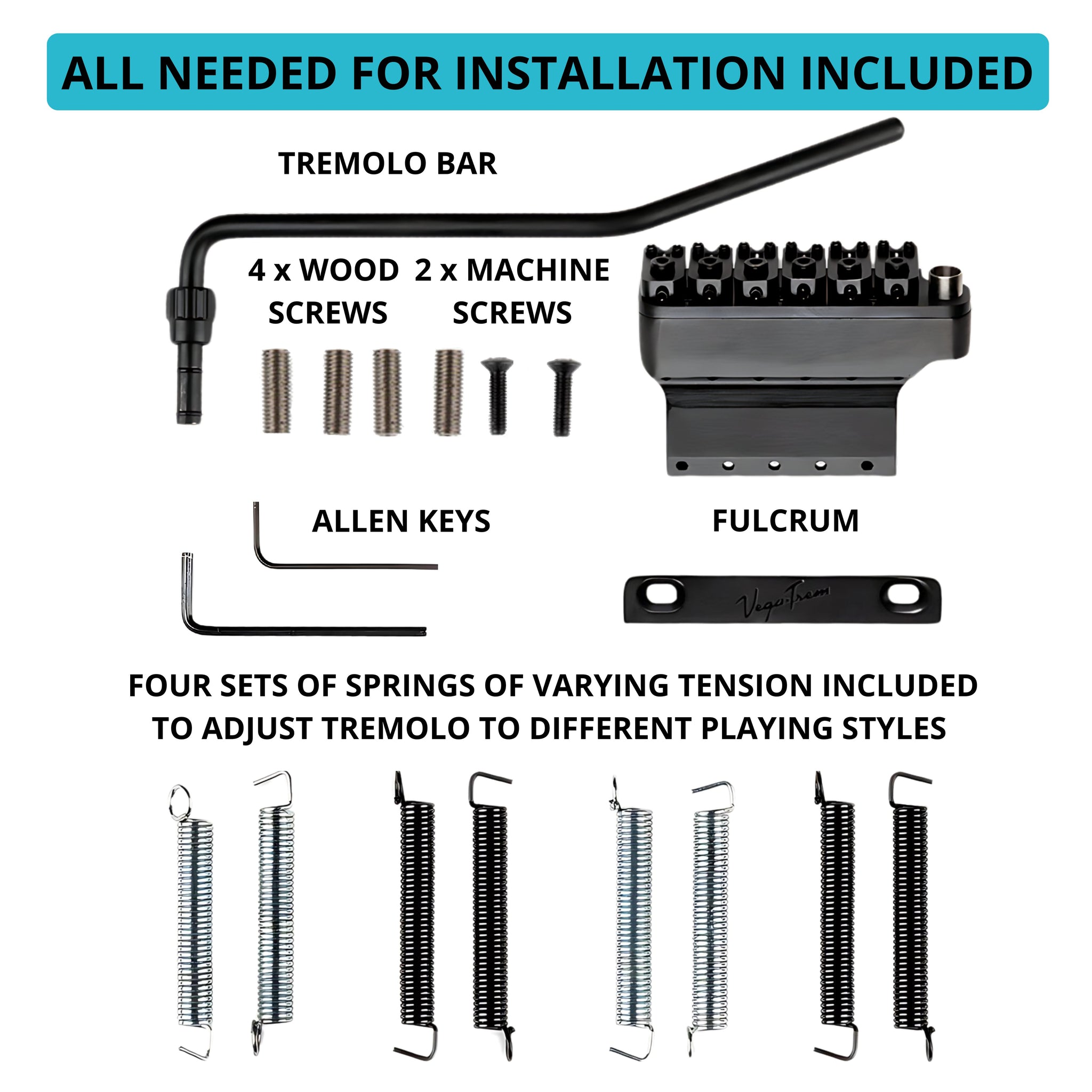 Labeled diagram of Vega-Trem VT1 Ultra-Trem 2-Point black installation kit: fulcrum bridge block, tremolo bar, mounting screws, two Allen keys, and four tension spring sets