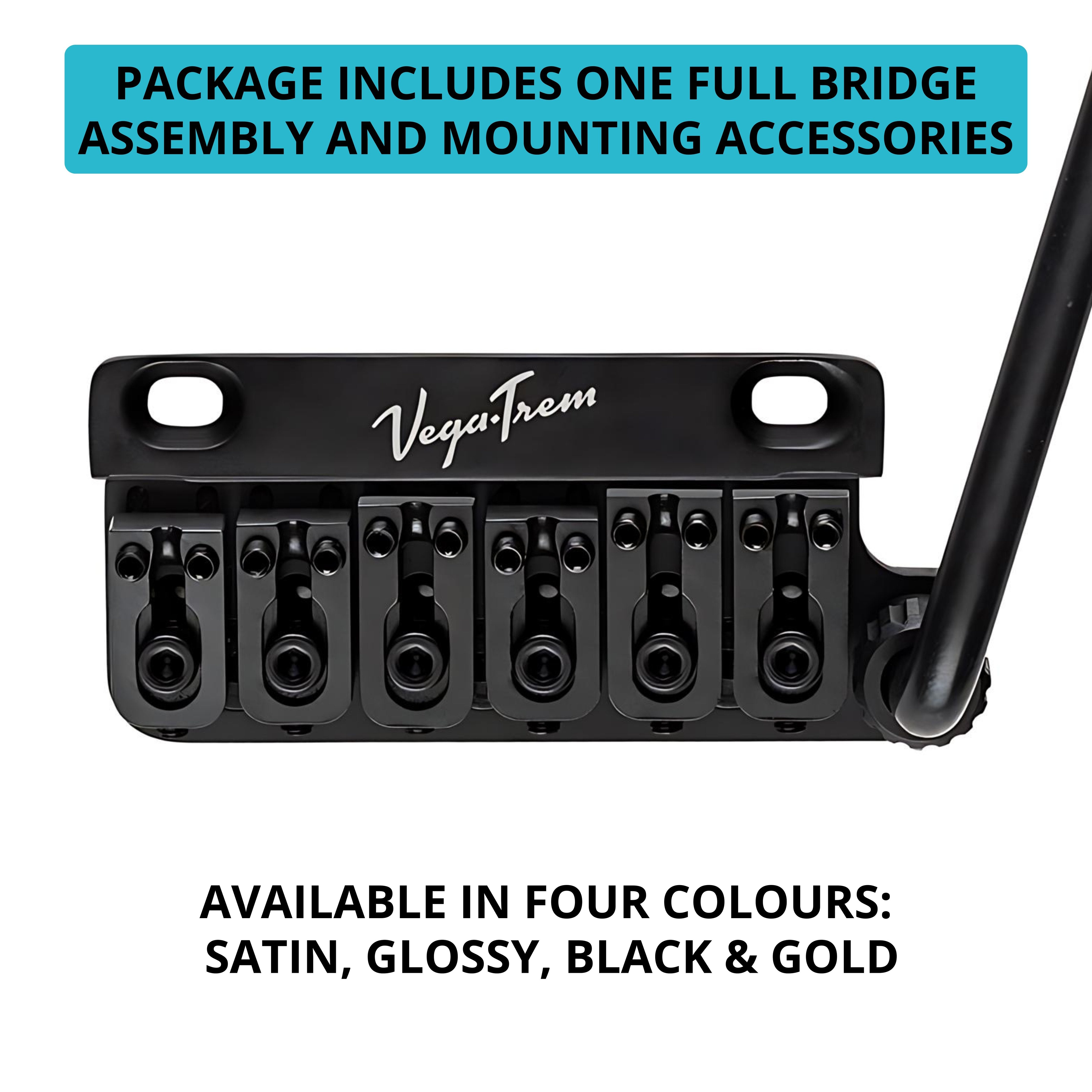 Close-up of Vega-Trem VT1 Ultra-Trem 2-Point black bridge and arm with text noting full bridge assembly and mounting accessories included, available in satin, glossy, black and gold