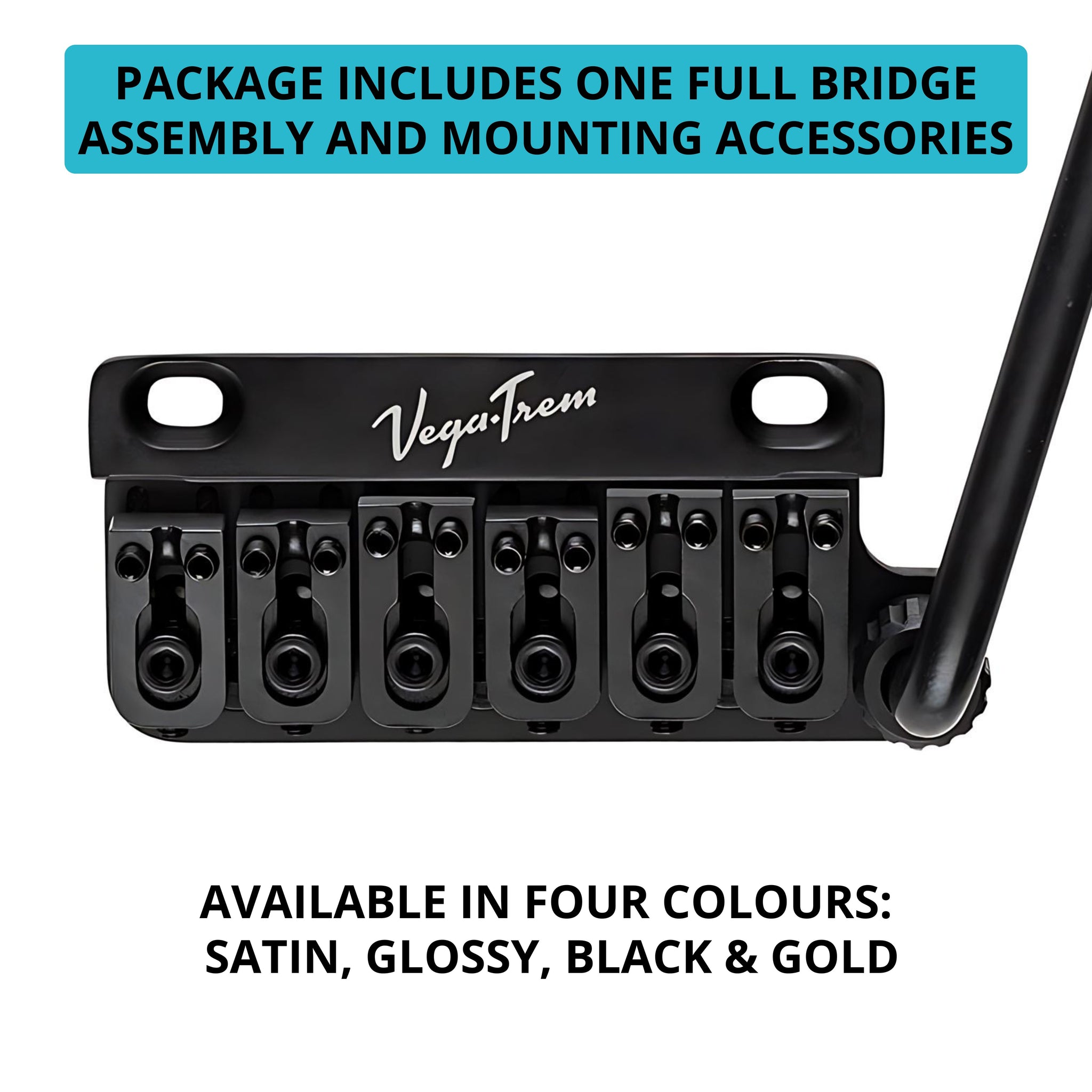 Close-up of Vega-Trem VT1 Ultra-Trem 2-Point black bridge and arm with text noting full bridge assembly and mounting accessories included, available in satin, glossy, black and gold