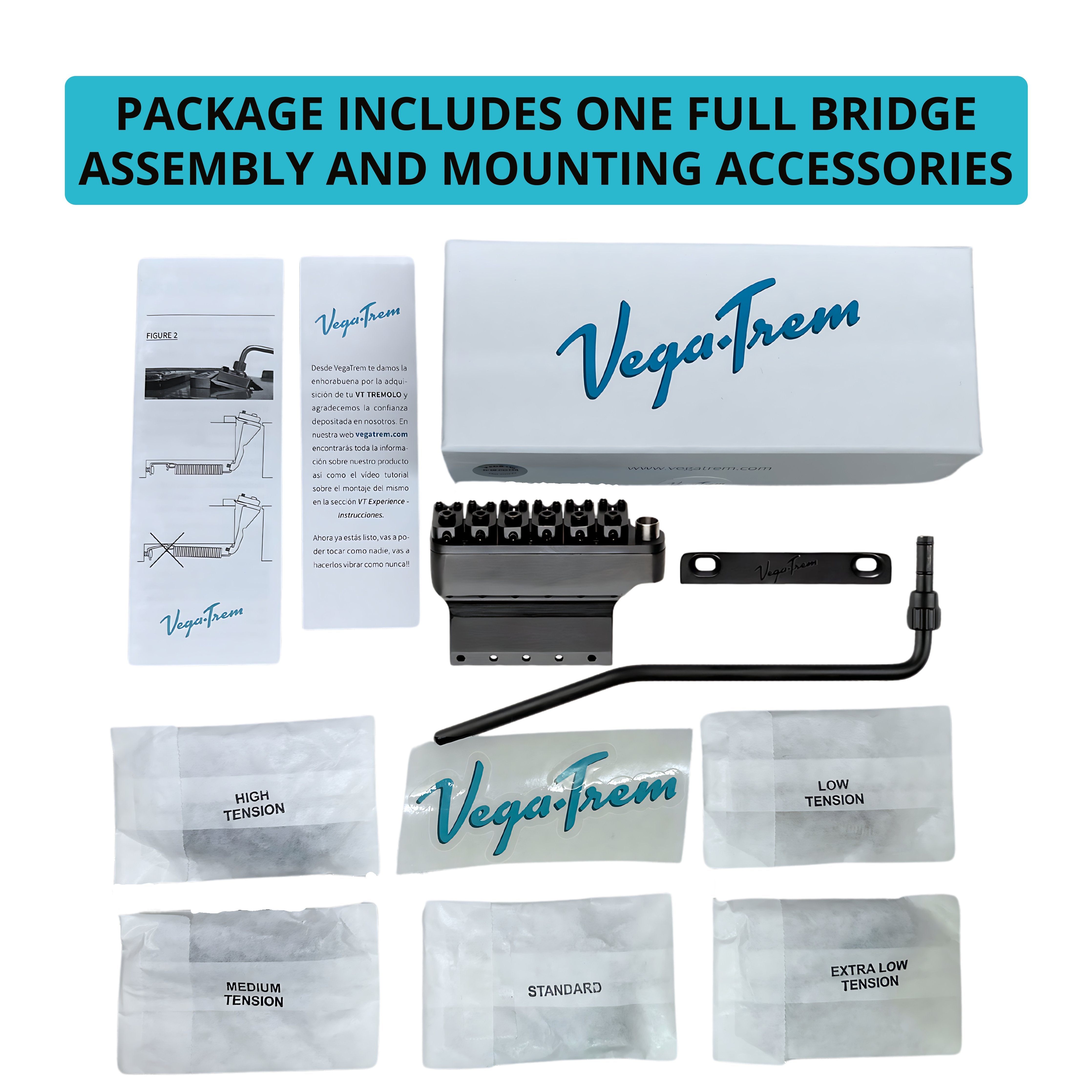 Flat lay of Vega-Trem VT1 Ultra-Trem 2-Point black retail packaging with branded box, instruction leaflets, bridge assembly, and five labeled tension spring packets