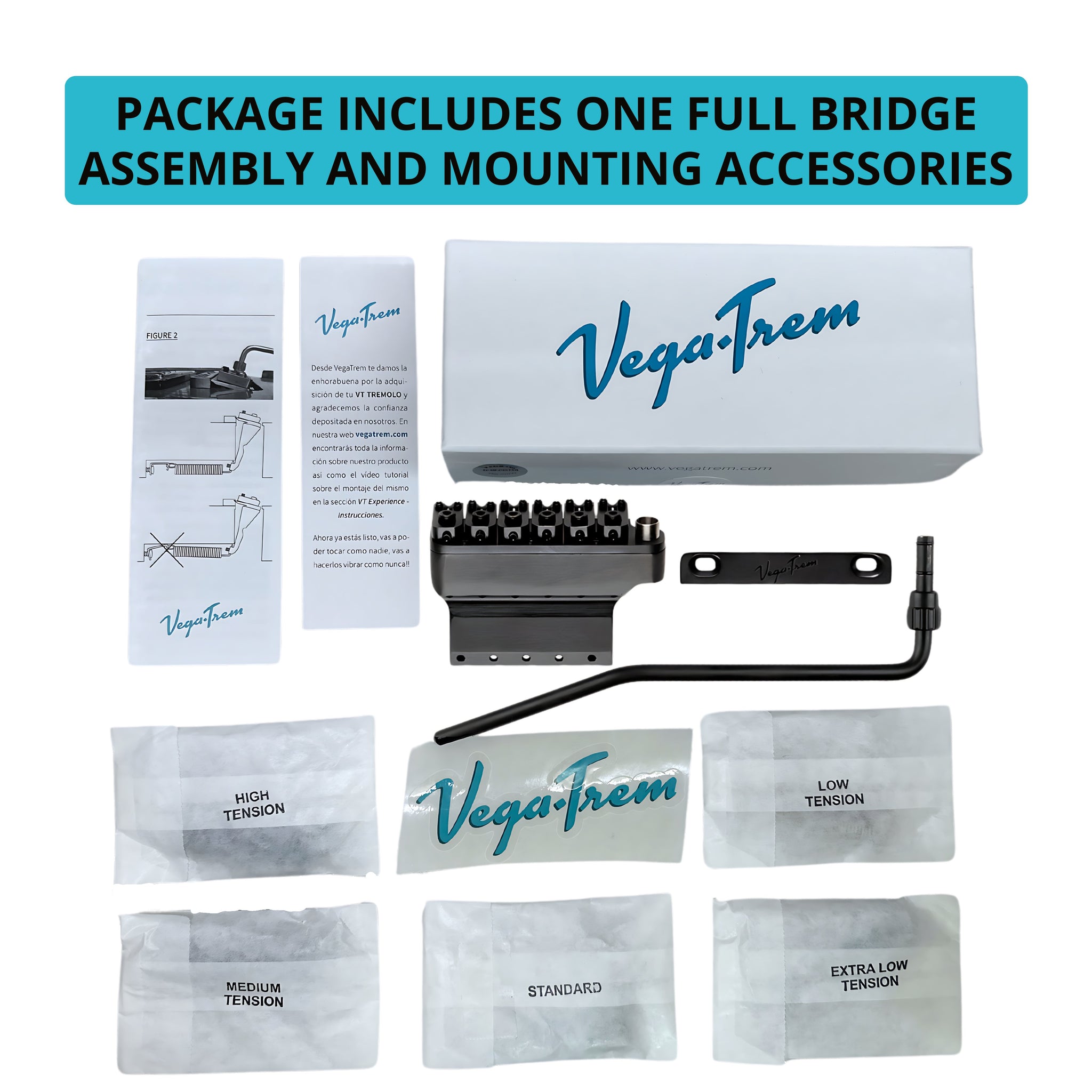 Flat lay of Vega-Trem VT1 Ultra-Trem 2-Point black retail packaging with branded box, instruction leaflets, bridge assembly, and five labeled tension spring packets
