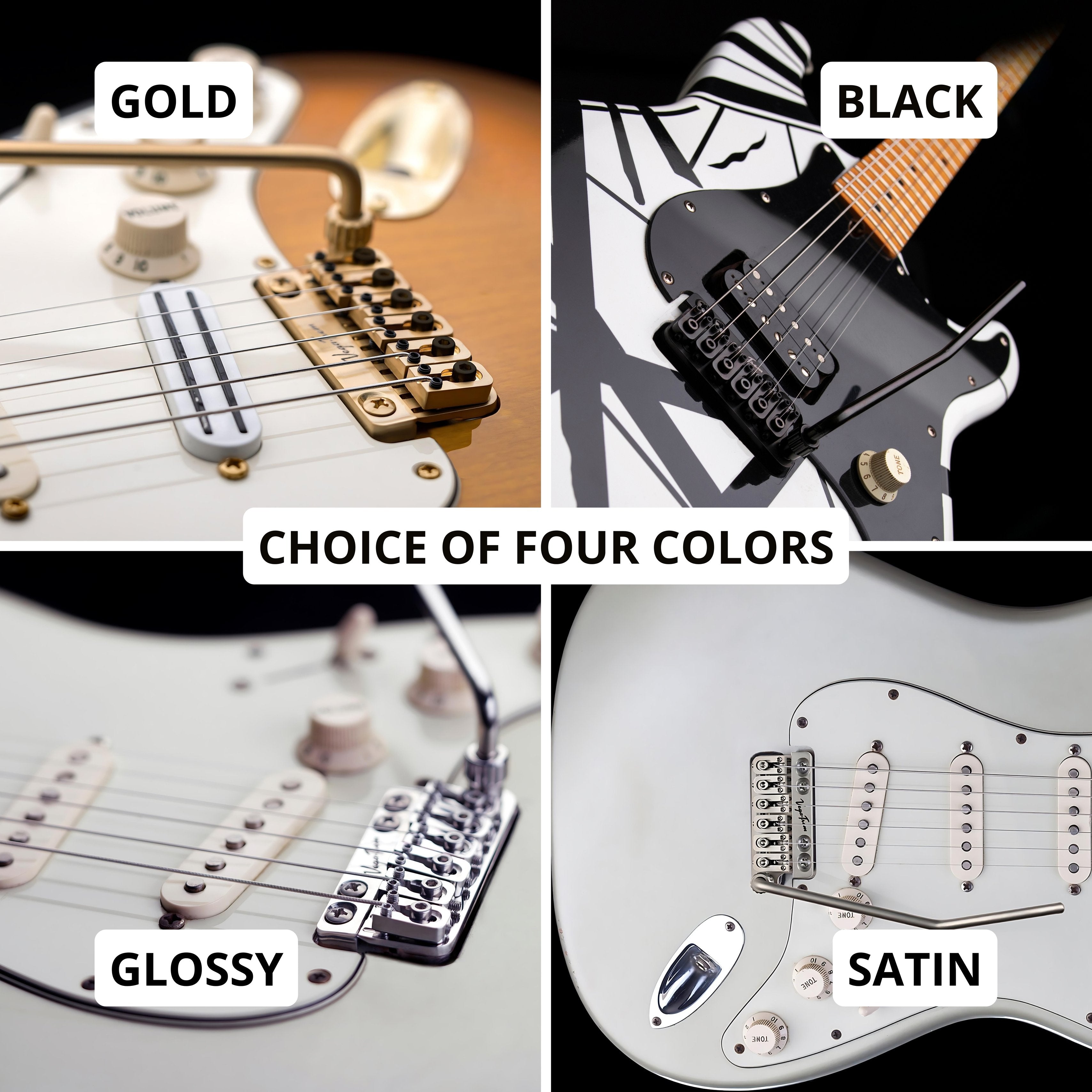 Four-photo collage titled 'Choice of four colors' comparing Vega-Trem VT1 bridges in gold, black, glossy and satin finishes installed on different guitars