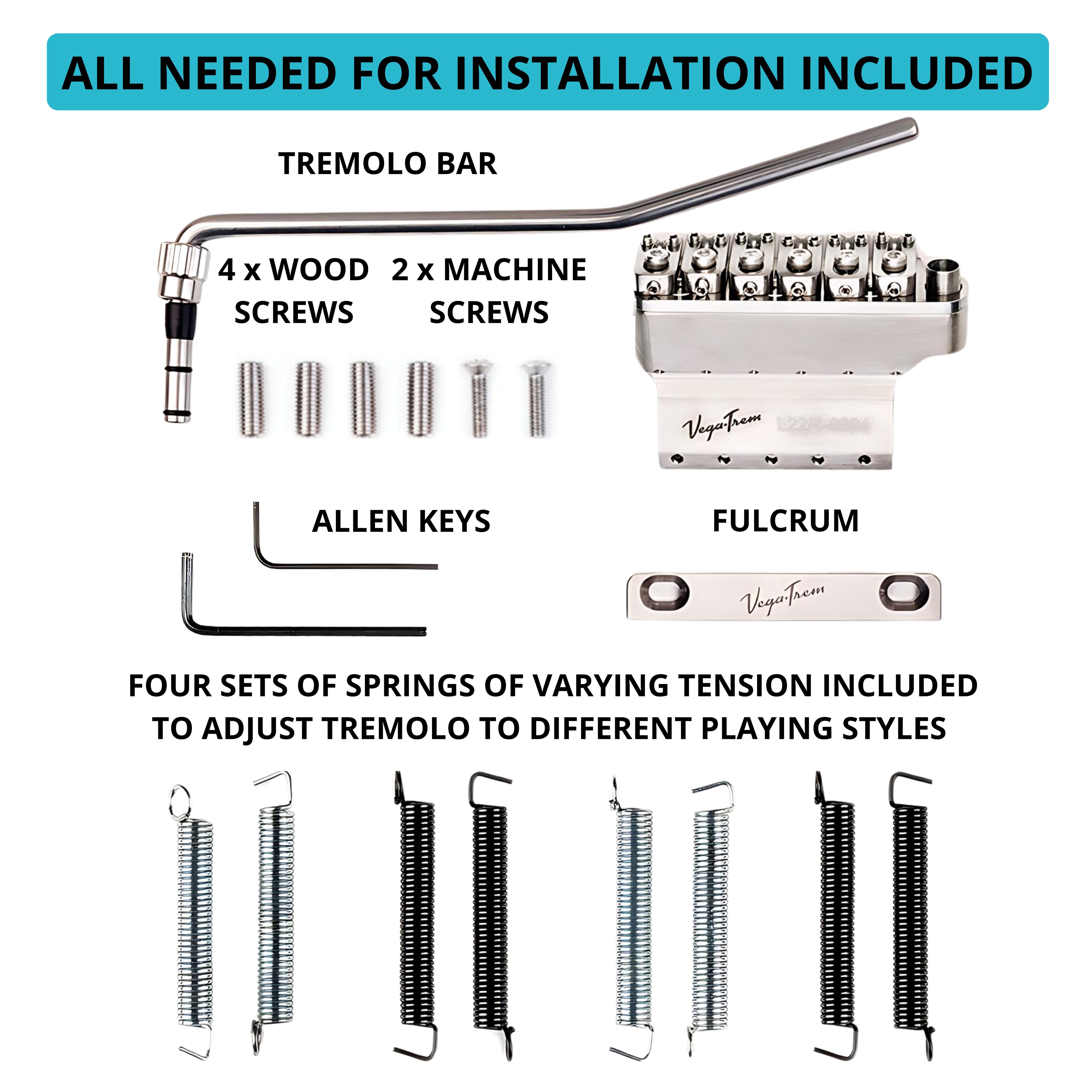 Labeled diagram of Vega-Trem VT1 Ultra-Trem 2-Point glossy installation kit: fulcrum bridge block, tremolo bar, mounting screws, two Allen keys, and four tension spring sets