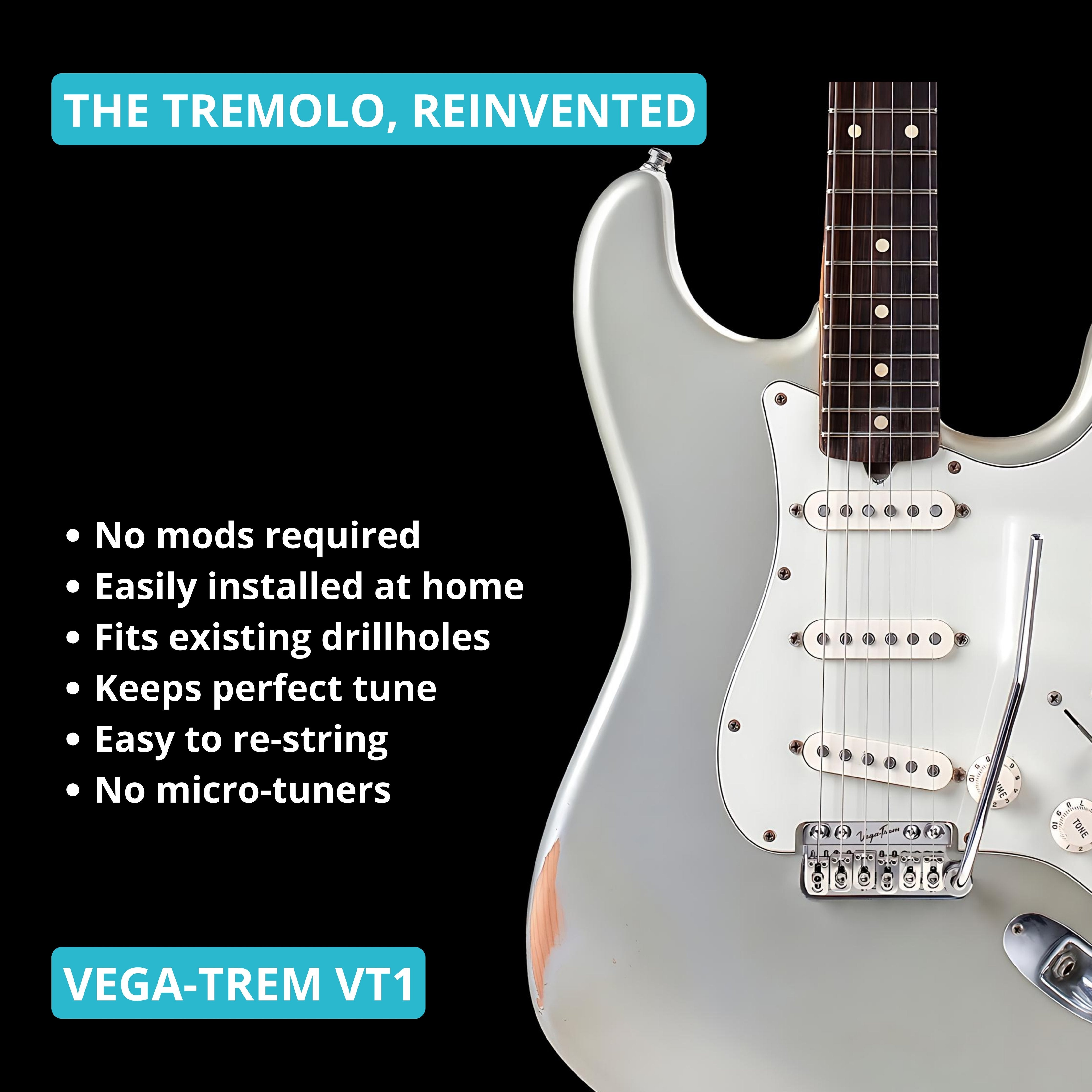Vega-Trem VT1 tremolo bridge with chrome arm installed on a silver Stratocaster-style guitar, with text 'The tremolo, reinvented' and no-mod installation bullet points