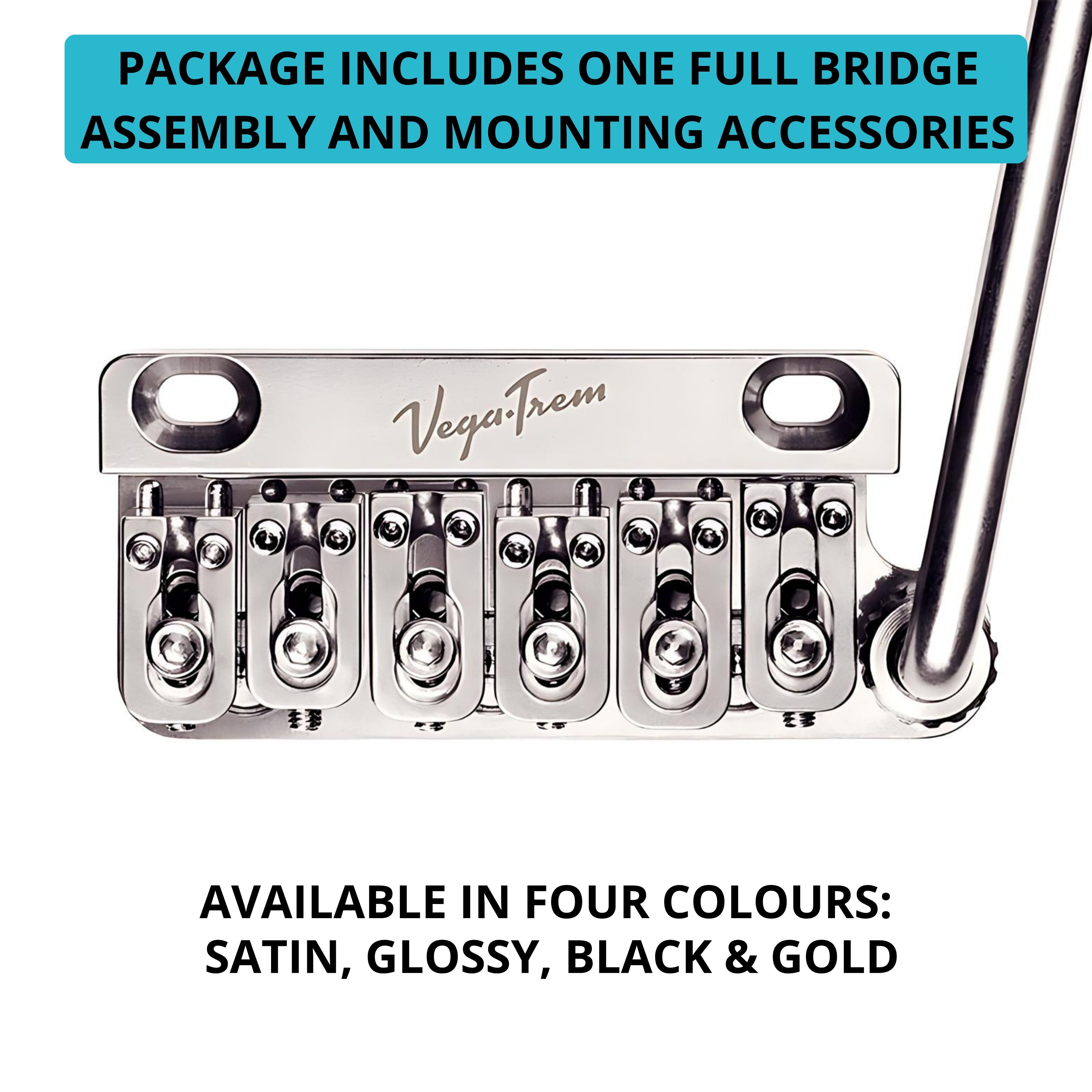 Close-up of Vega-Trem VT1 Ultra-Trem 2-Point glossy bridge and arm with text noting full bridge assembly and mounting accessories included, available in satin, glossy, black and gold