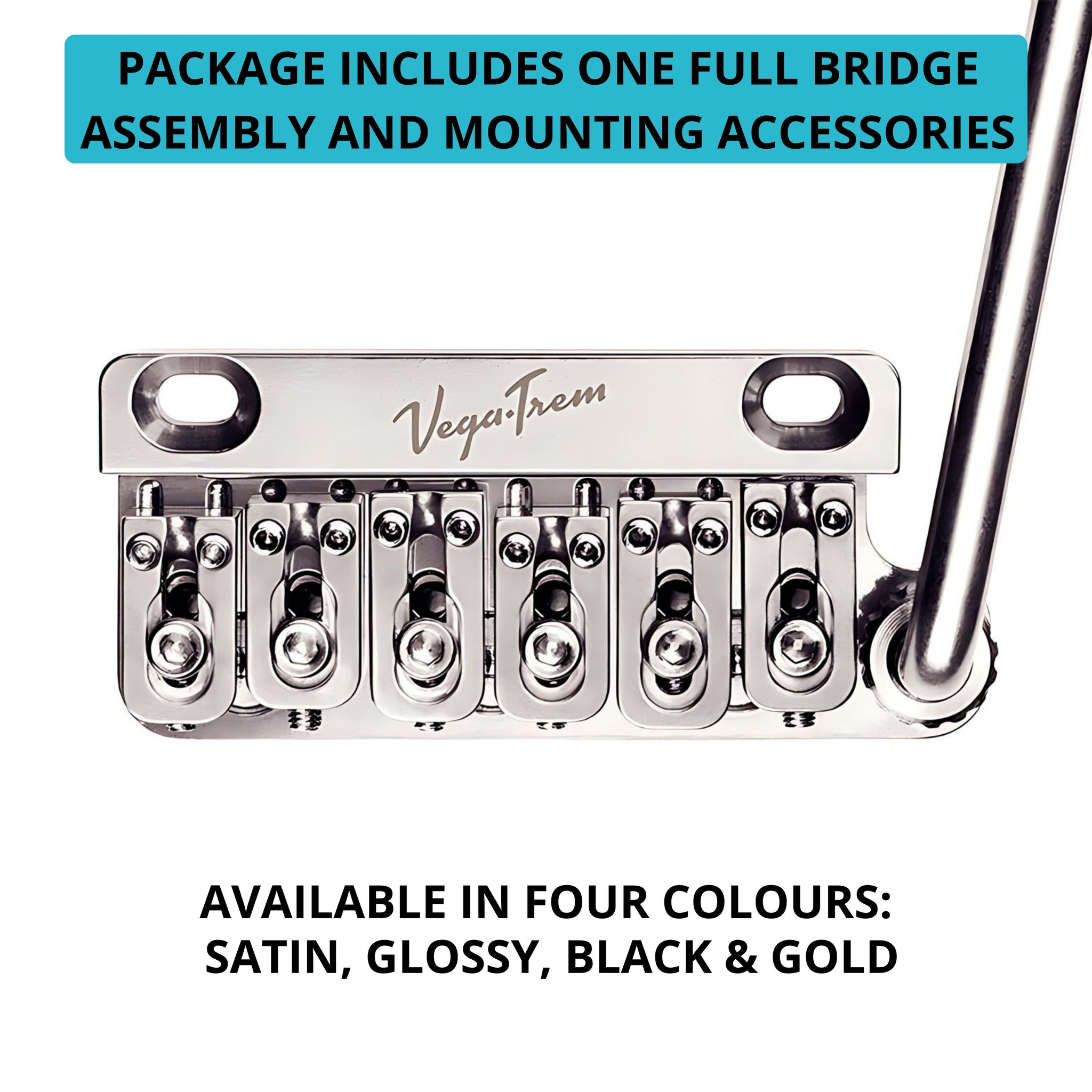 Close-up of Vega-Trem VT1 Ultra-Trem 2-Point glossy bridge and arm with text noting full bridge assembly and mounting accessories included, available in satin, glossy, black and gold