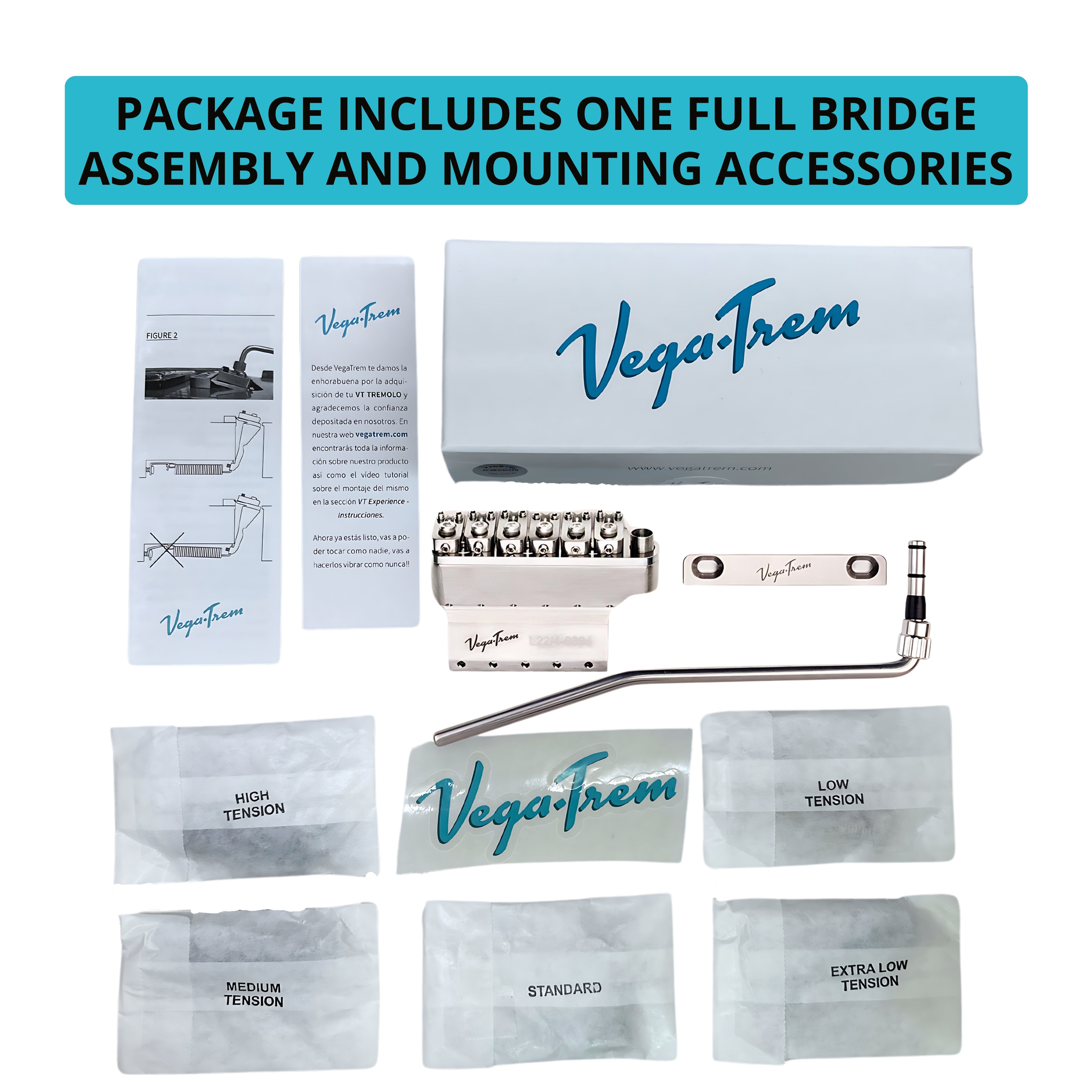 Flat lay of Vega-Trem VT1 Ultra-Trem 2-Point glossy retail packaging with branded box, instruction leaflets, bridge assembly, and five labeled tension spring packets