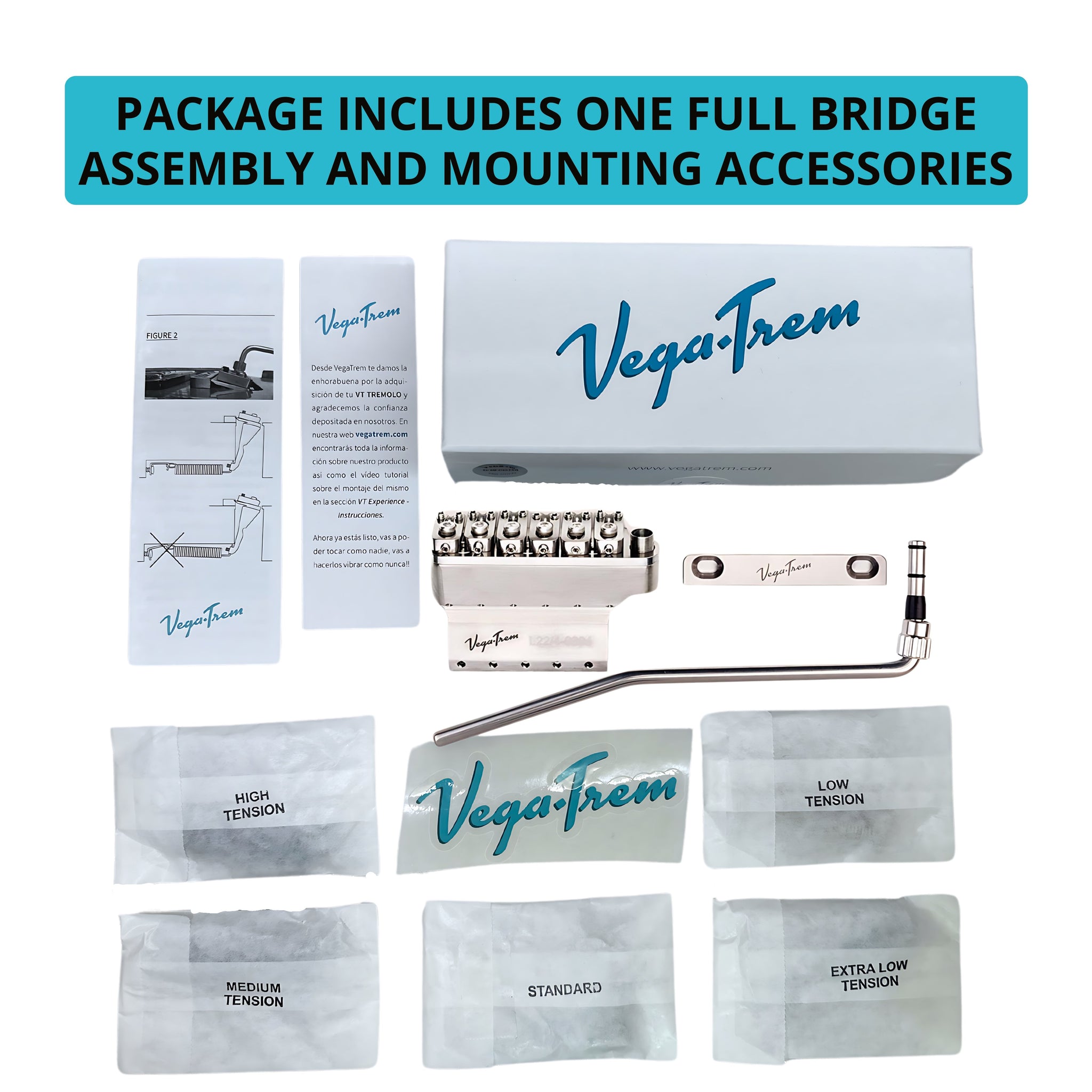 Flat lay of Vega-Trem VT1 Ultra-Trem 2-Point glossy retail packaging with branded box, instruction leaflets, bridge assembly, and five labeled tension spring packets