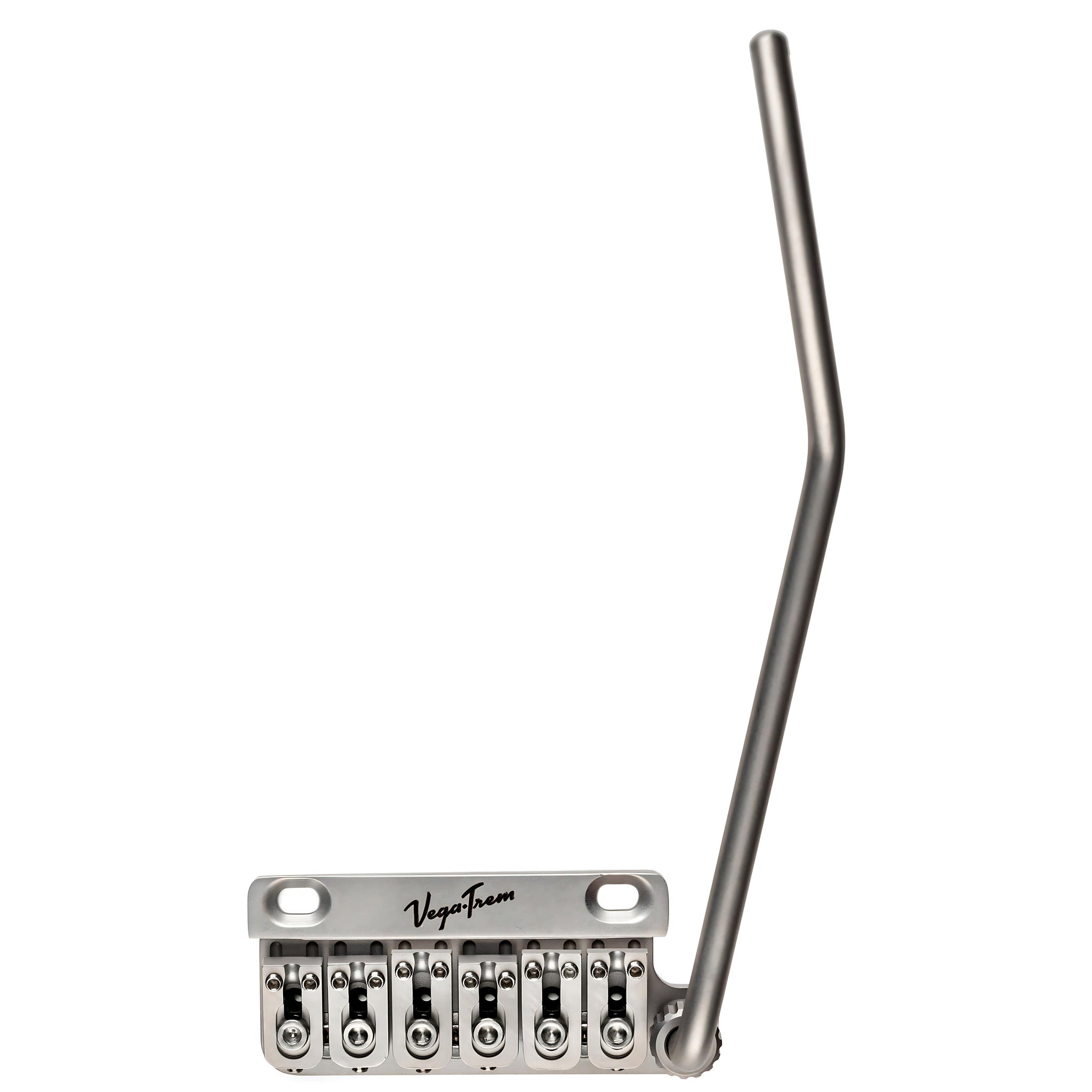 Vega-Trem VT1 Ultra-Trem 2-Point right-handed tremolo bridge in satin finish with tremolo arm, angled front view on white background