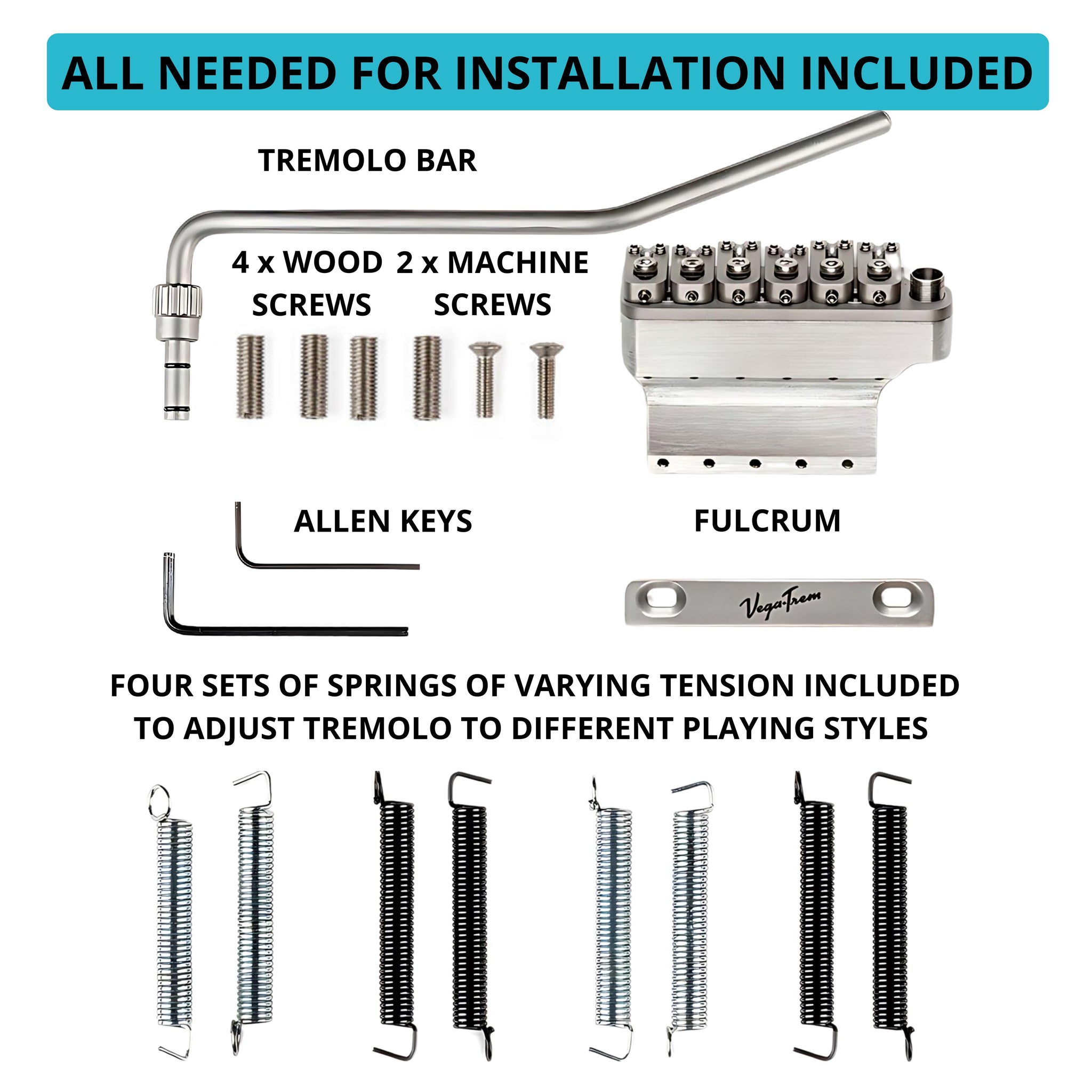 Labeled diagram of Vega-Trem VT1 Ultra-Trem 2-Point satin installation kit: fulcrum bridge block, tremolo bar, mounting screws, two Allen keys, and four tension spring sets