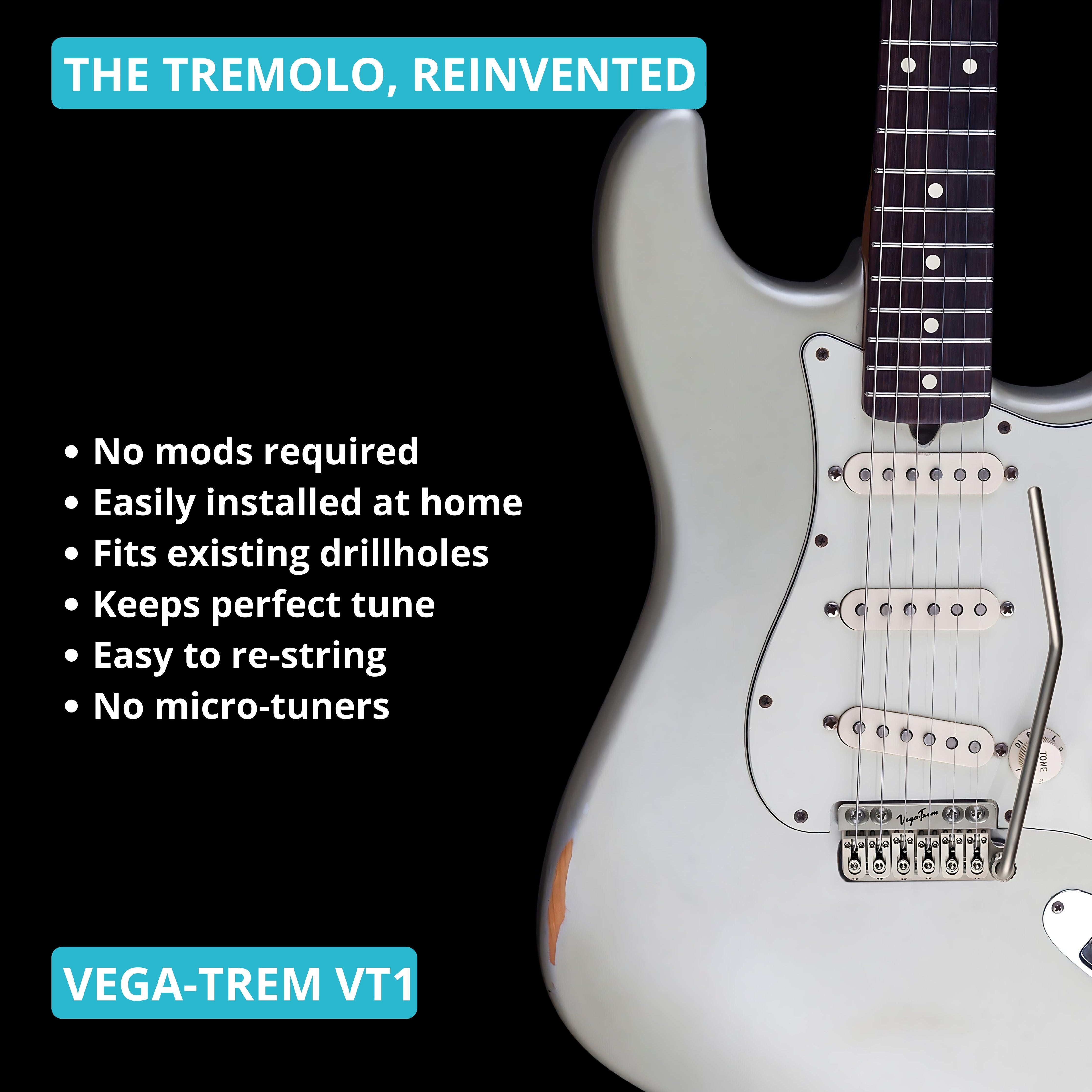 Vega-Trem VT1 tremolo bridge with chrome arm installed on a silver Stratocaster-style guitar, with text 'The tremolo, reinvented' and no-mod installation bullet points