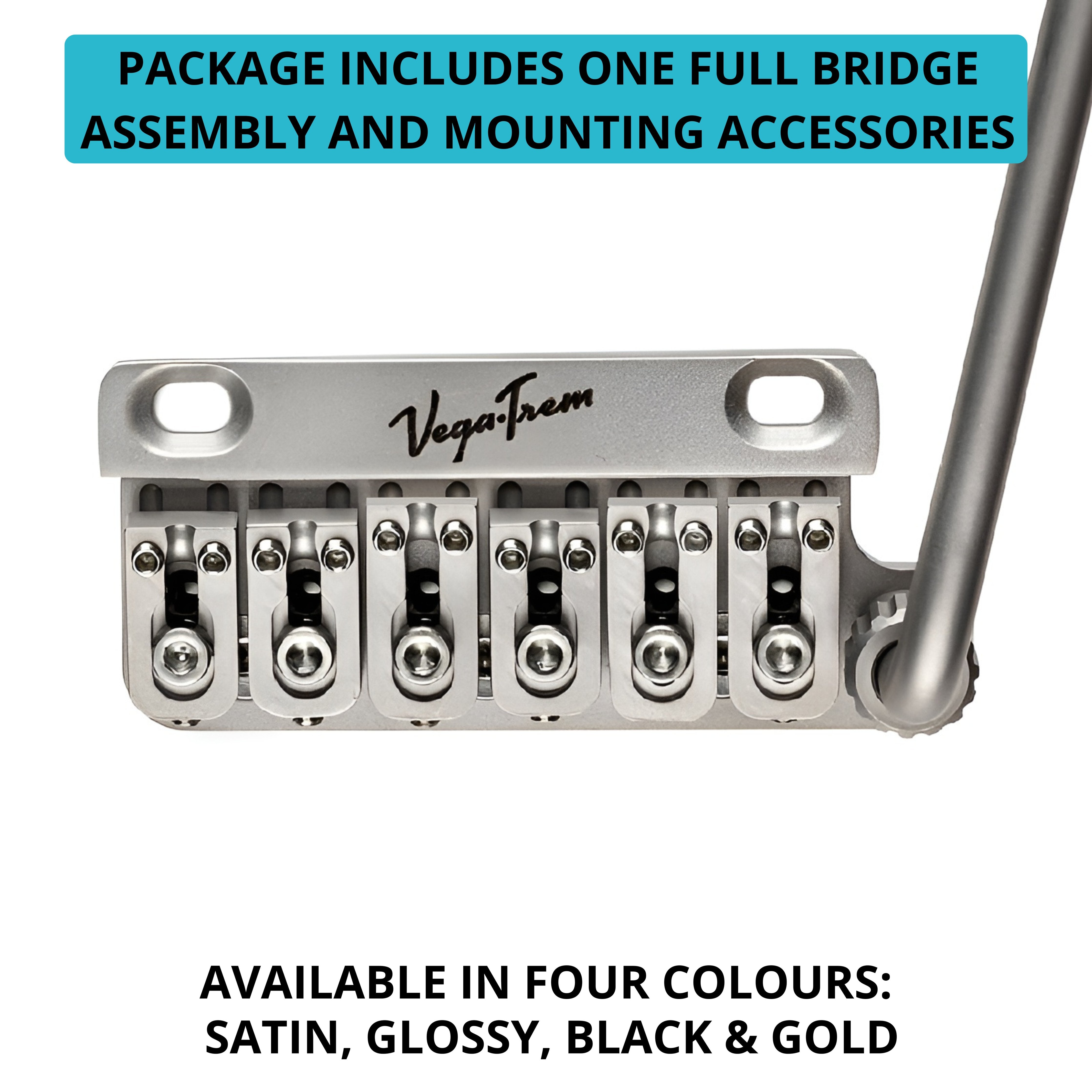 Close-up of Vega-Trem VT1 Ultra-Trem 2-Point satin bridge and arm with text noting full bridge assembly and mounting accessories included, available in satin, glossy, black and gold