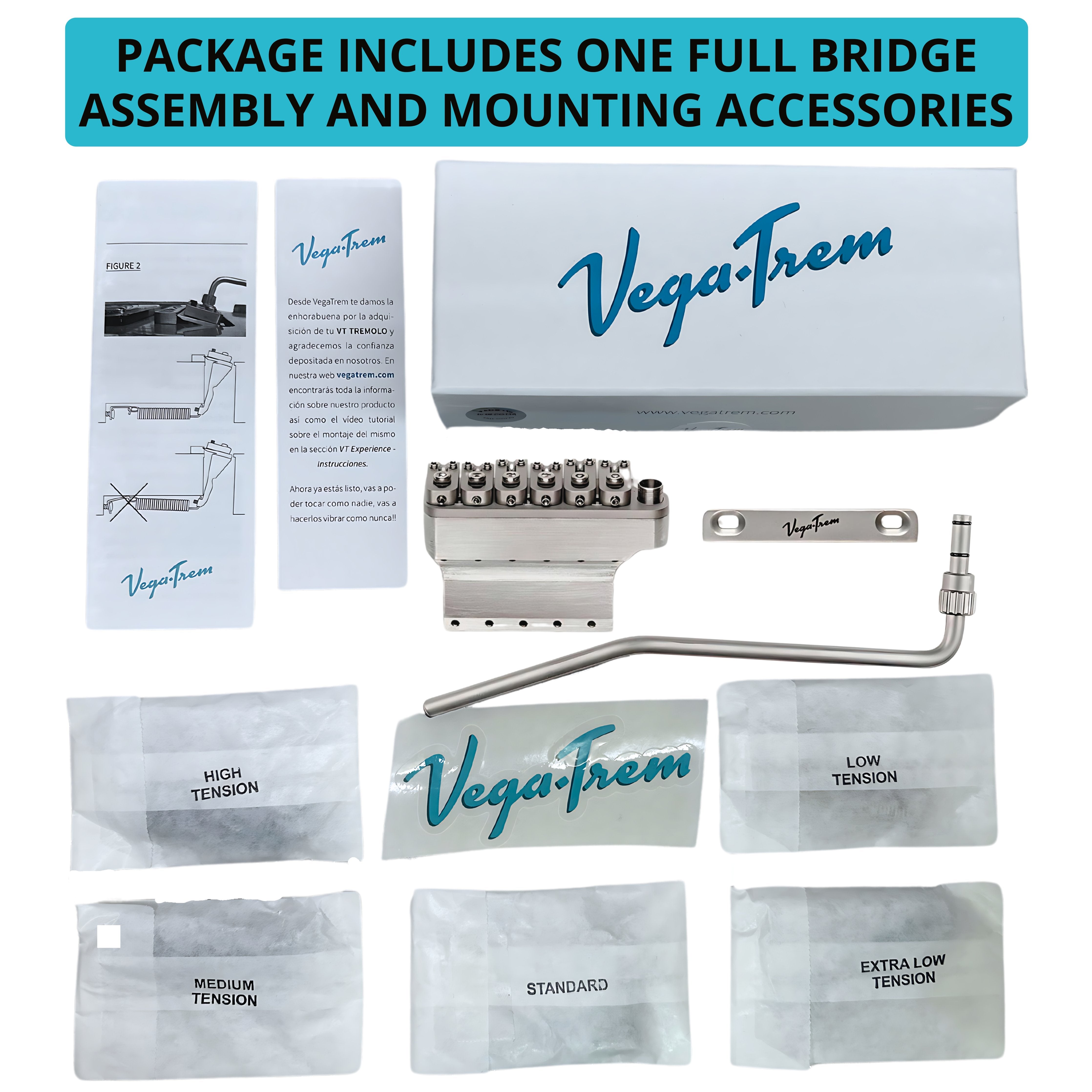Flat lay of Vega-Trem VT1 Ultra-Trem 2-Point satin retail packaging with branded box, instruction leaflets, bridge assembly, and five labeled tension spring packets