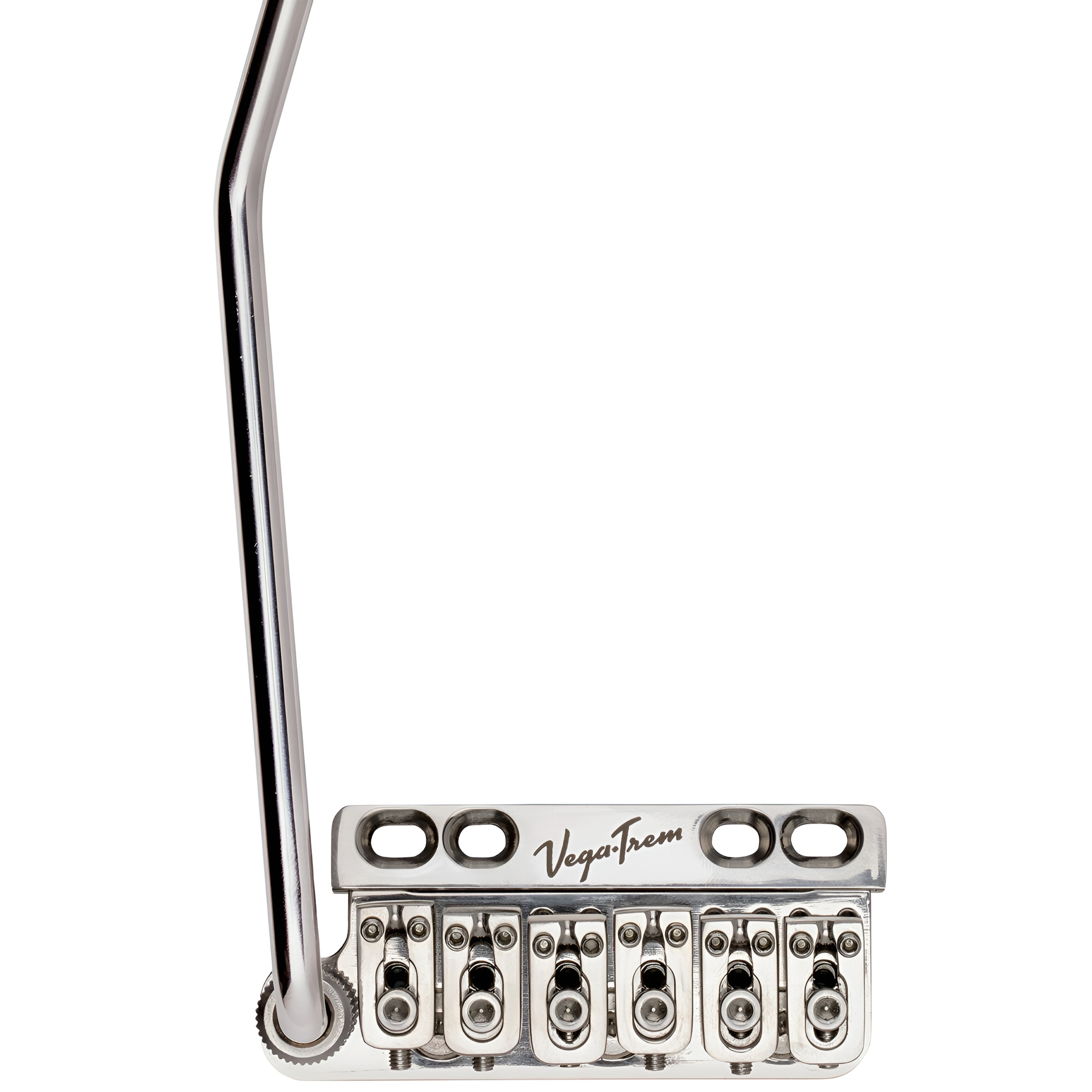 Vega-Trem VT1 Ultra-Trem 6-Screw left-handed tremolo bridge in glossy chrome, front view with tremolo arm