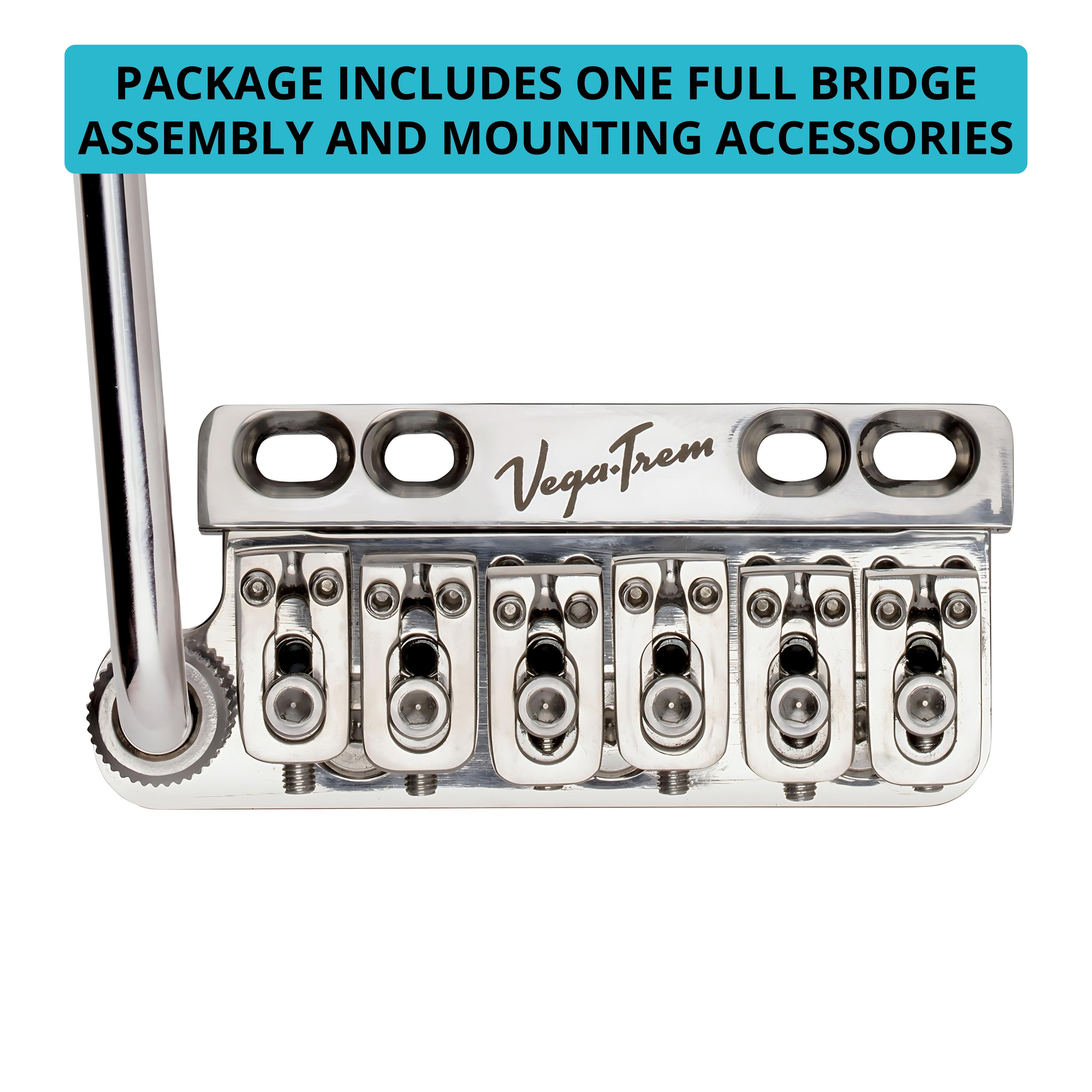 Vega-Trem VT1 Ultra-Trem 6-Screw left-handed bridge close-up with text stating package includes full bridge assembly and mounting accessories