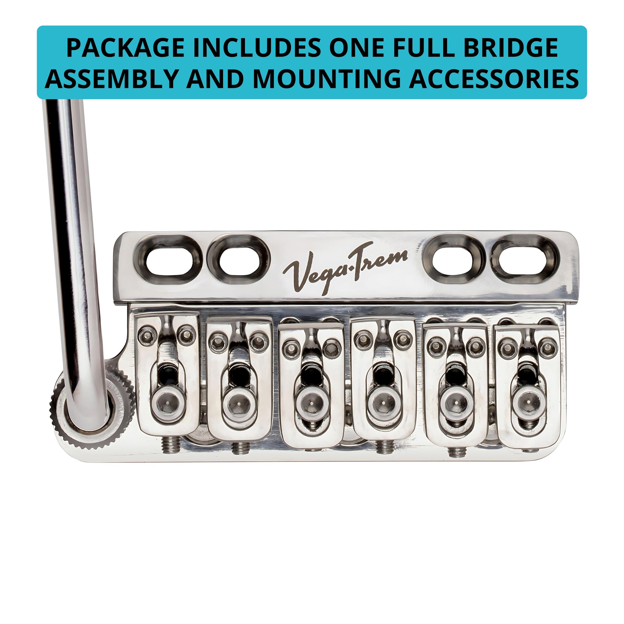 Vega-Trem VT1 Ultra-Trem 6-Screw left-handed bridge close-up with text stating package includes full bridge assembly and mounting accessories