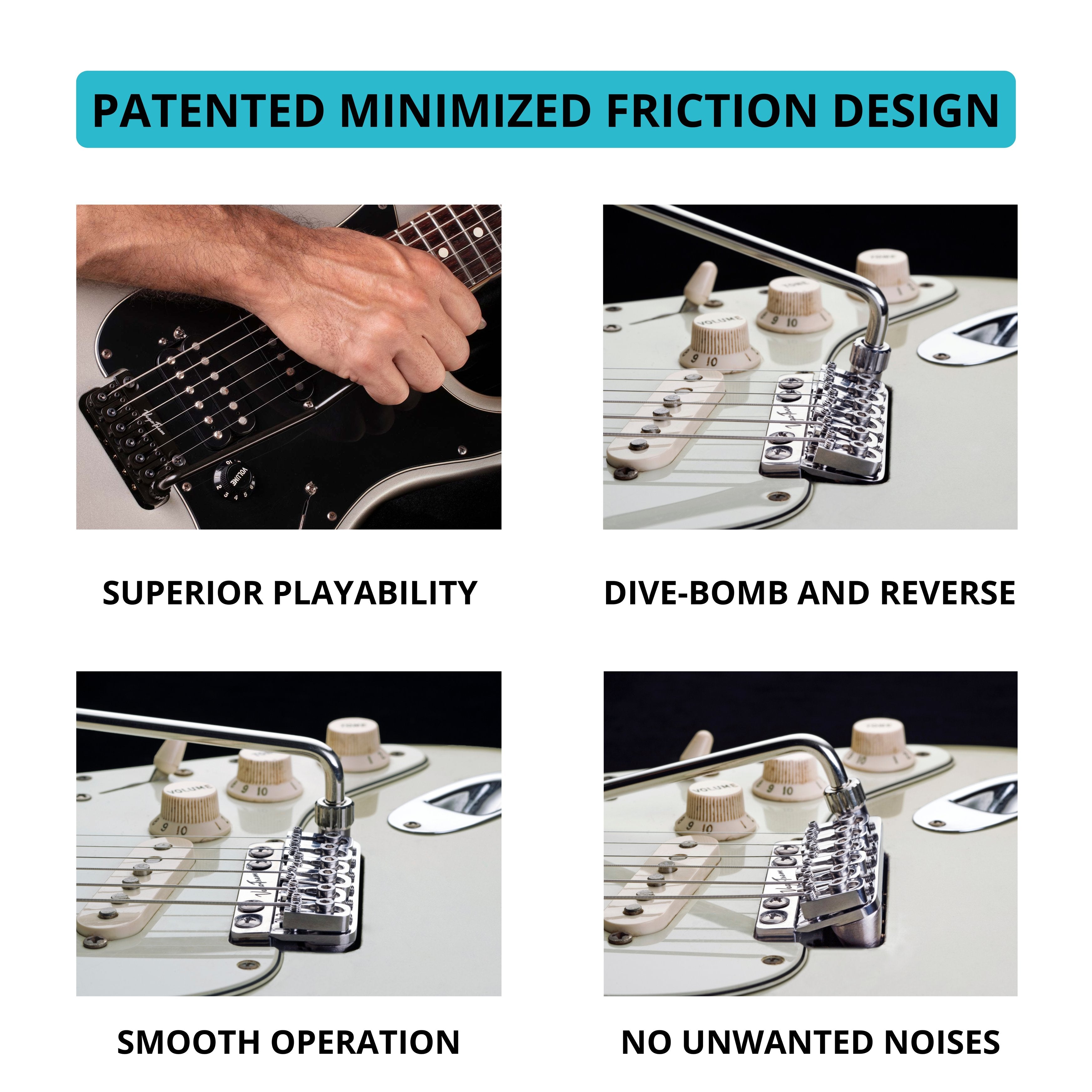 Vega-Trem VT1 patented minimized friction design four-panel graphic showing playability, dive-bomb and reverse, smooth operation and no unwanted noises