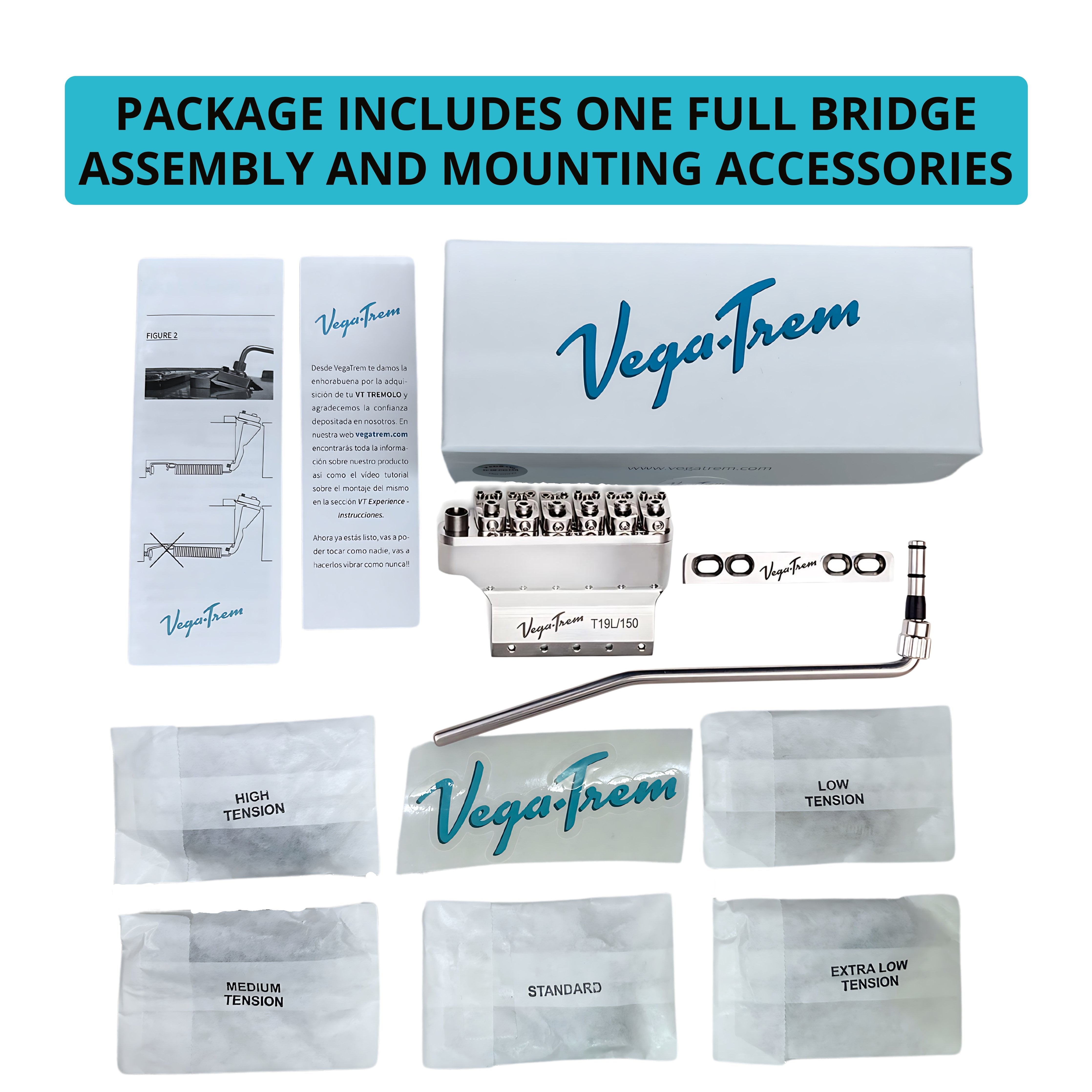 Vega-Trem VT1 Ultra-Trem 6-Screw left-handed unboxed package with retail box, instruction leaflet, decal and five labeled tension spring packets