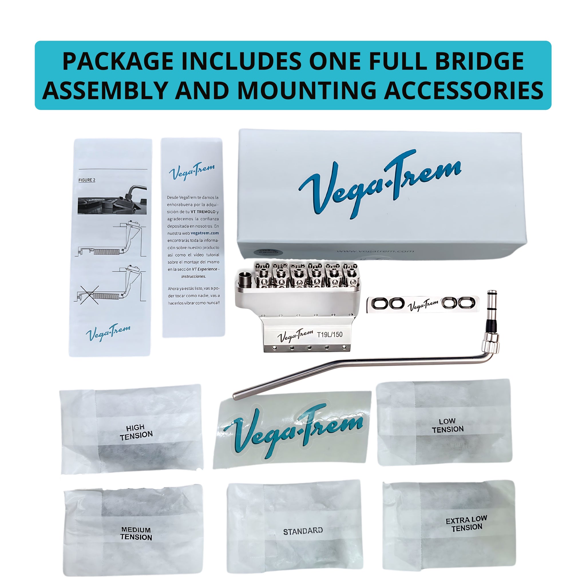 Vega-Trem VT1 Ultra-Trem 6-Screw left-handed unboxed package with retail box, instruction leaflet, decal and five labeled tension spring packets