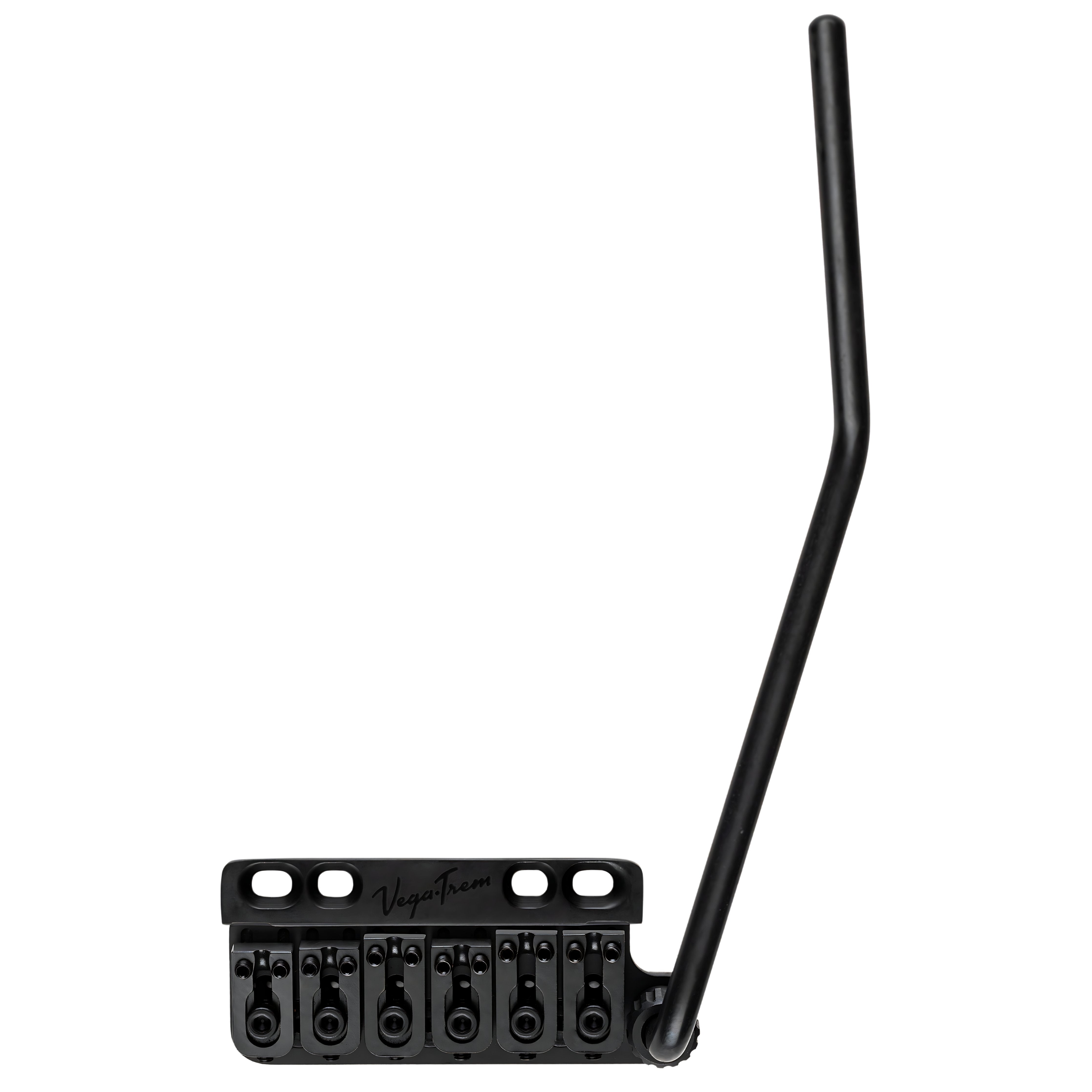Vega-Trem VT1 Ultra-Trem 6-Screw right-handed tremolo bridge in black finish with tremolo arm, angled front view on white background