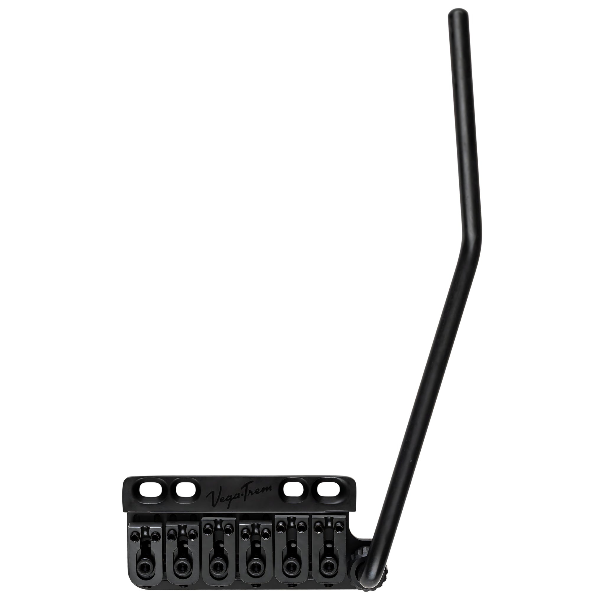 Vega-Trem VT1 Ultra-Trem 6-Screw right-handed tremolo bridge in black finish with tremolo arm, angled front view on white background