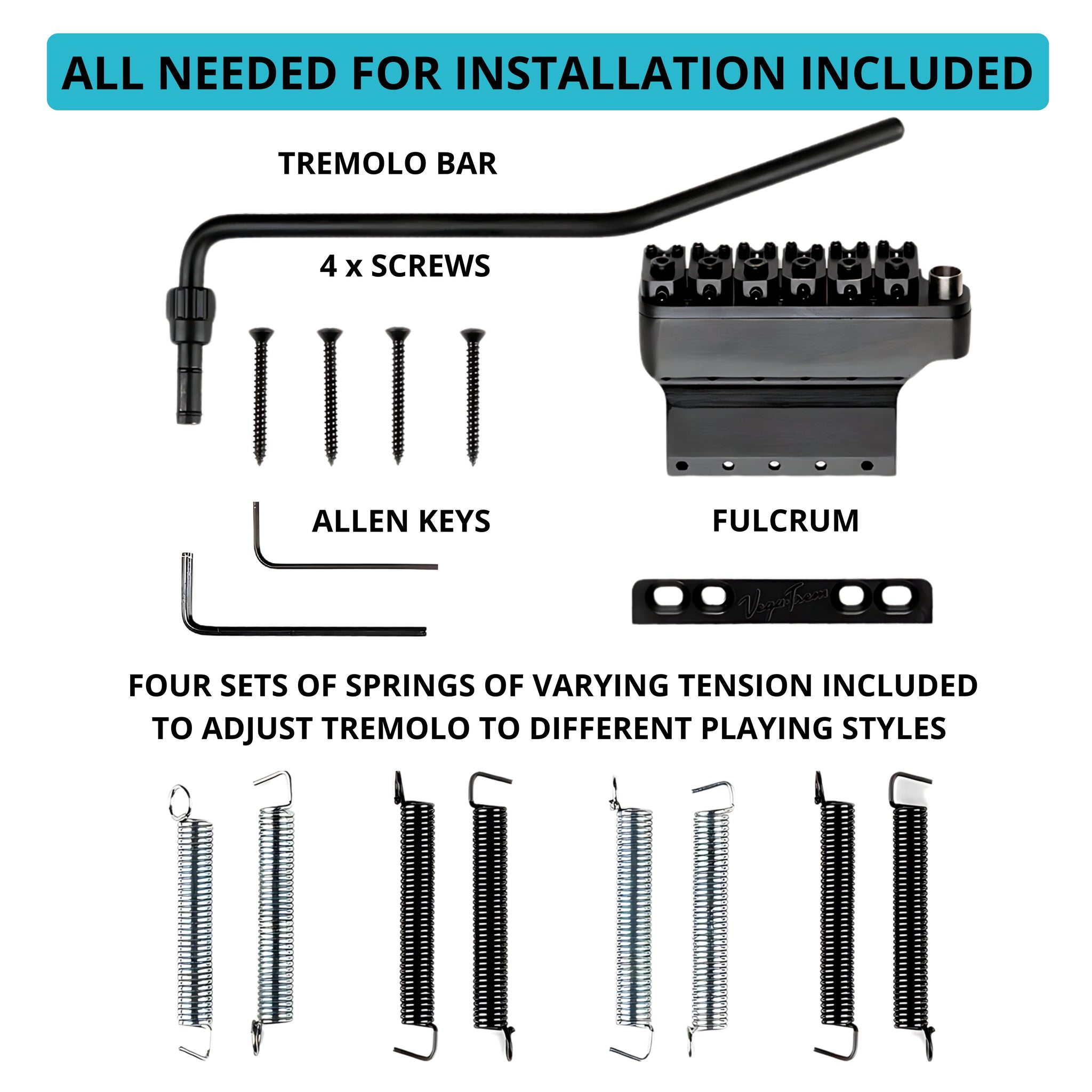 Labeled diagram of Vega-Trem VT1 Ultra-Trem 6-Screw black installation kit: fulcrum bridge block, tremolo bar, mounting screws, two Allen keys, and four tension spring sets