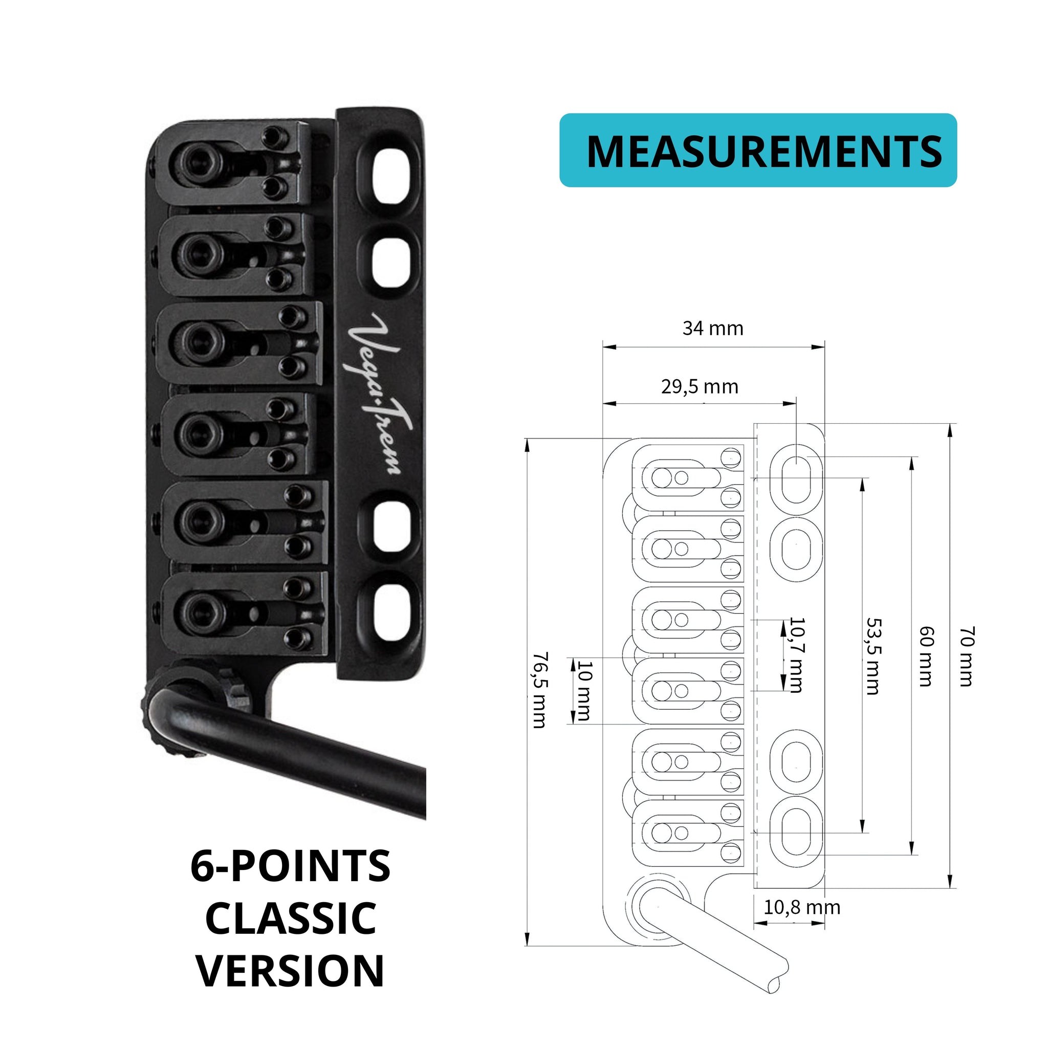 Technical measurement diagram of the Vega-Trem VT1 Ultra-Trem 6-screw black bridge with metric dimensions for width, length and hole spacing, labeled 6-points classic version