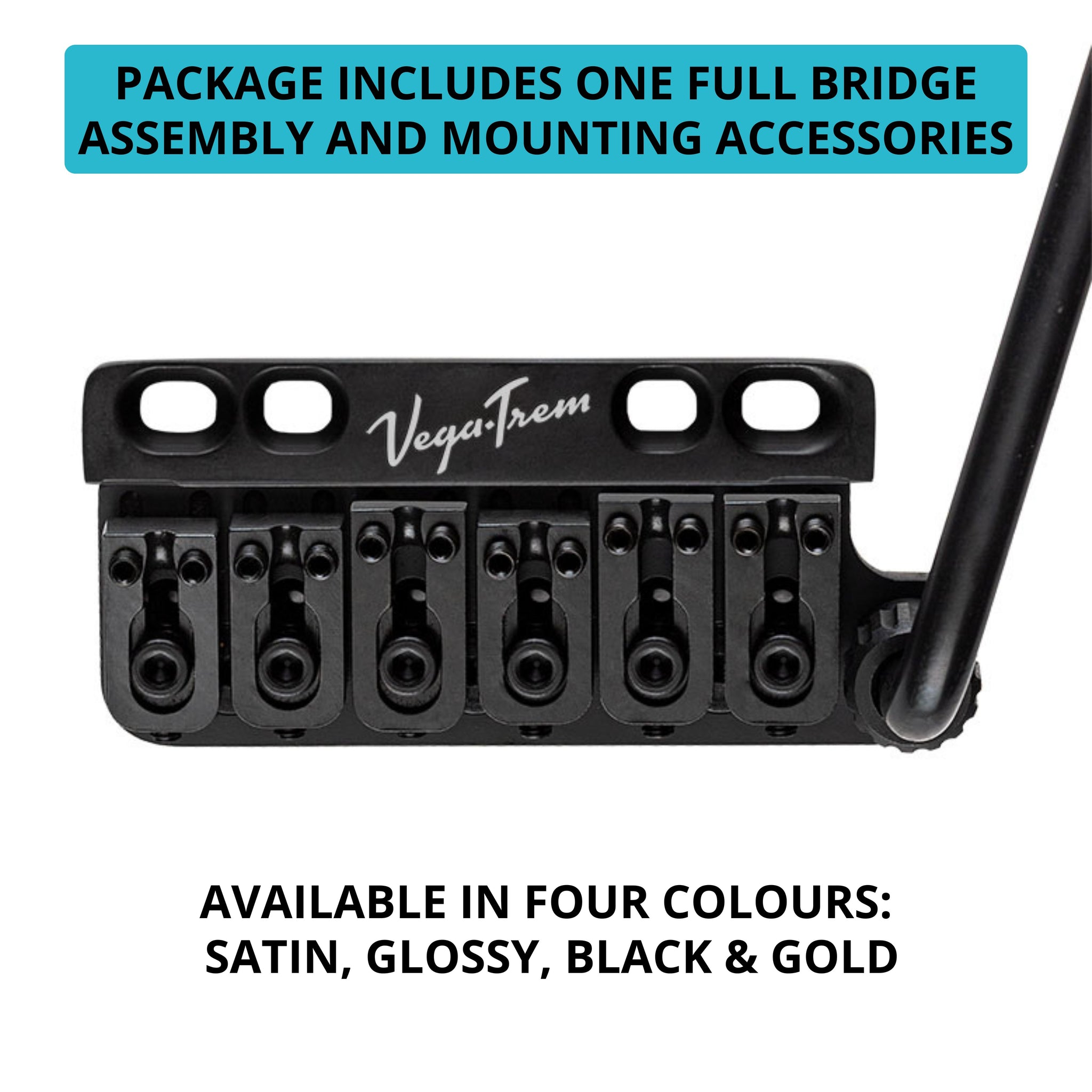 Close-up of Vega-Trem VT1 Ultra-Trem 6-Screw black bridge and arm with text noting full bridge assembly and mounting accessories included, available in satin, glossy, black and gold