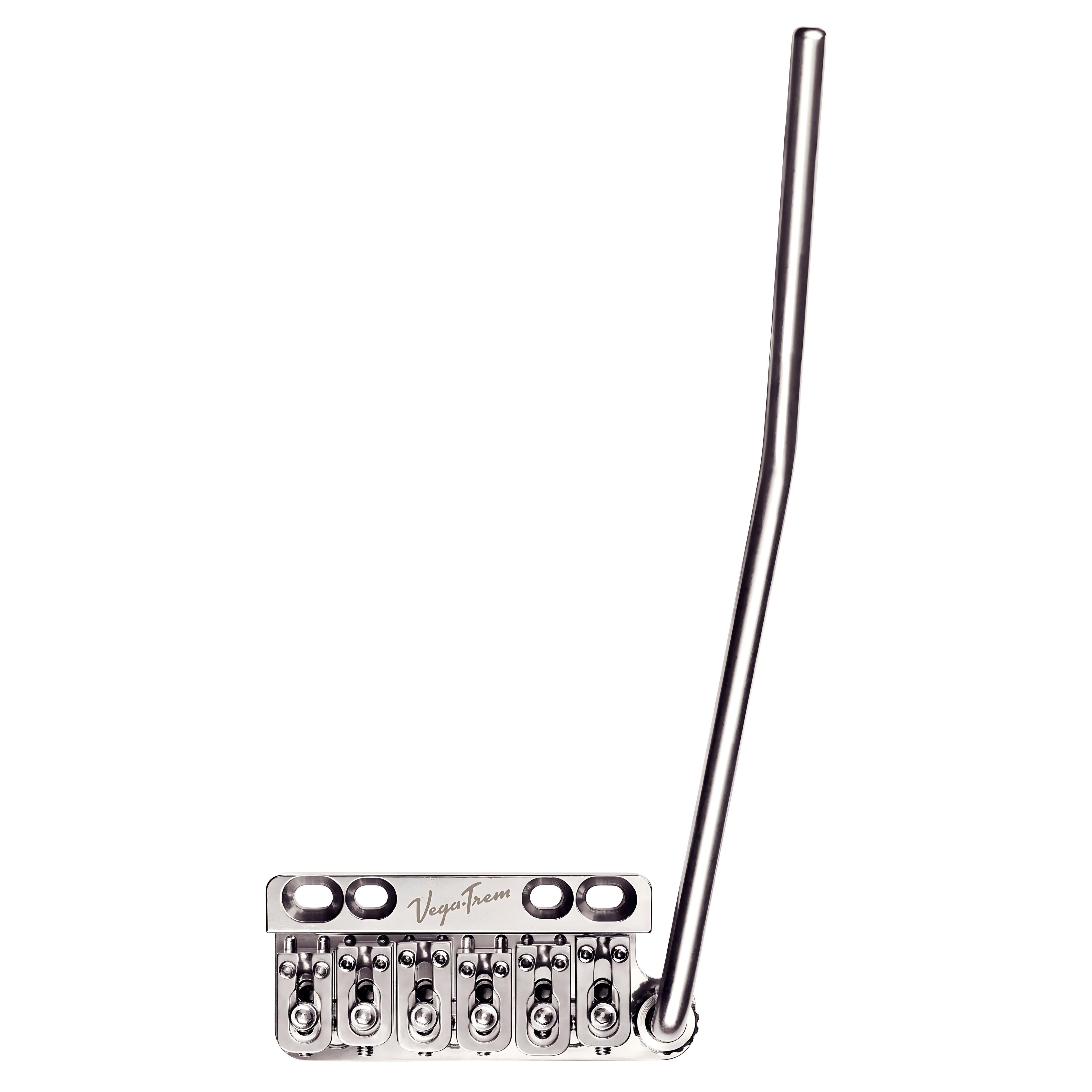 Vega-Trem VT1 Ultra-Trem 6-Screw right-handed tremolo bridge in glossy finish with tremolo arm, angled front view on white background
