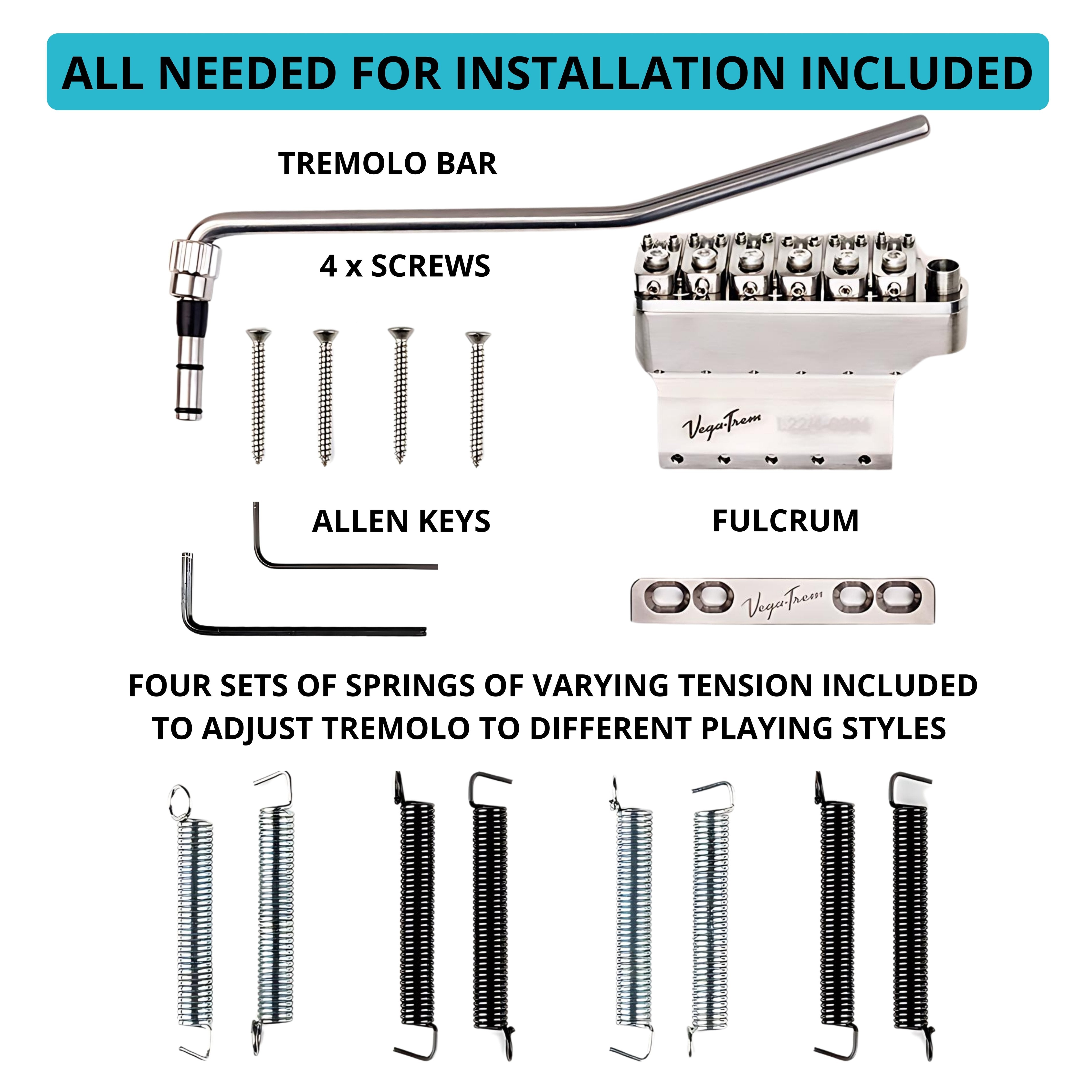 Labeled diagram of Vega-Trem VT1 Ultra-Trem 6-Screw glossy installation kit: fulcrum bridge block, tremolo bar, mounting screws, two Allen keys, and four tension spring sets