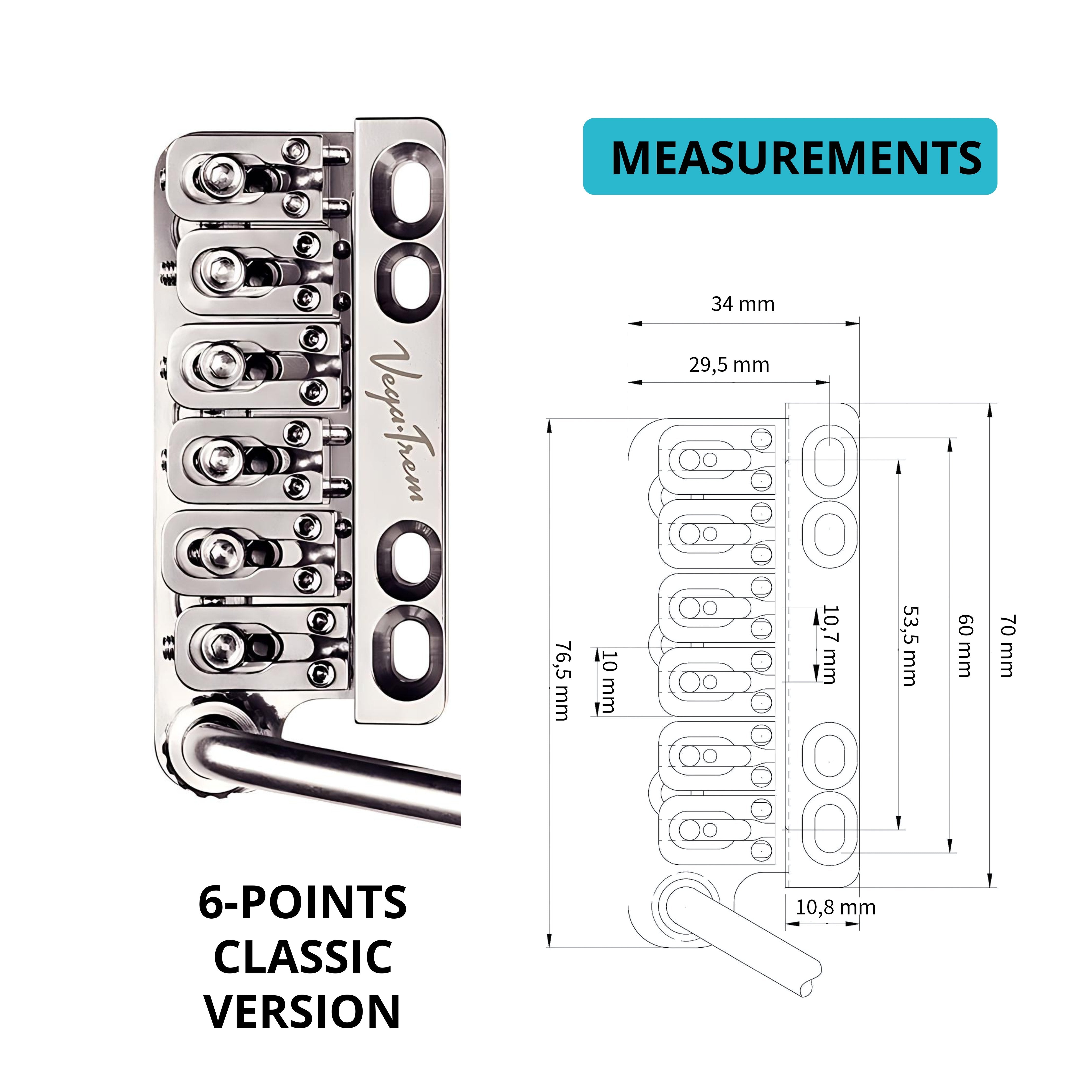Technical measurement diagram of the Vega-Trem VT1 Ultra-Trem 6-screw glossy bridge with metric dimensions for width, length and hole spacing, labeled 6-points classic version