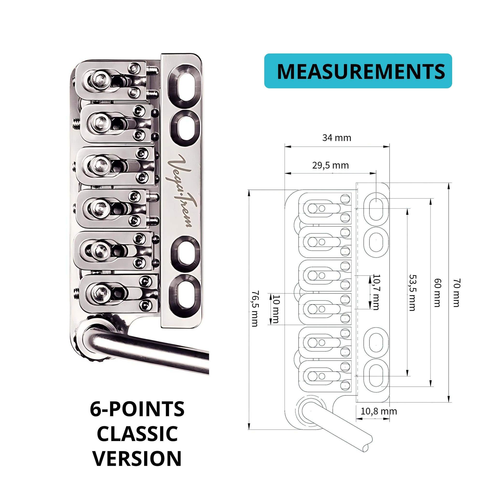 Technical measurement diagram of the Vega-Trem VT1 Ultra-Trem 6-screw glossy bridge with metric dimensions for width, length and hole spacing, labeled 6-points classic version