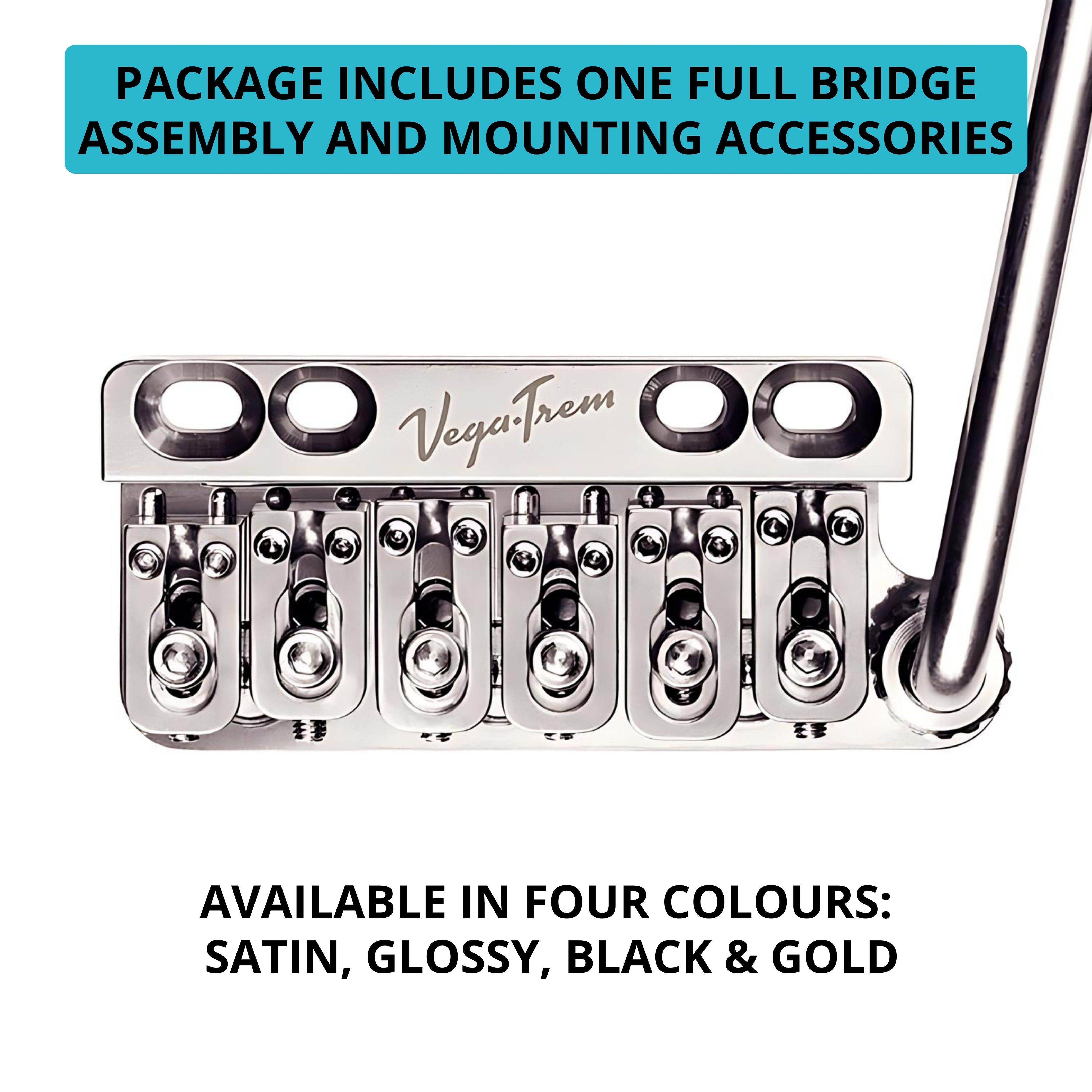 Close-up of Vega-Trem VT1 Ultra-Trem 6-Screw glossy bridge and arm with text noting full bridge assembly and mounting accessories included, available in satin, glossy, black and gold