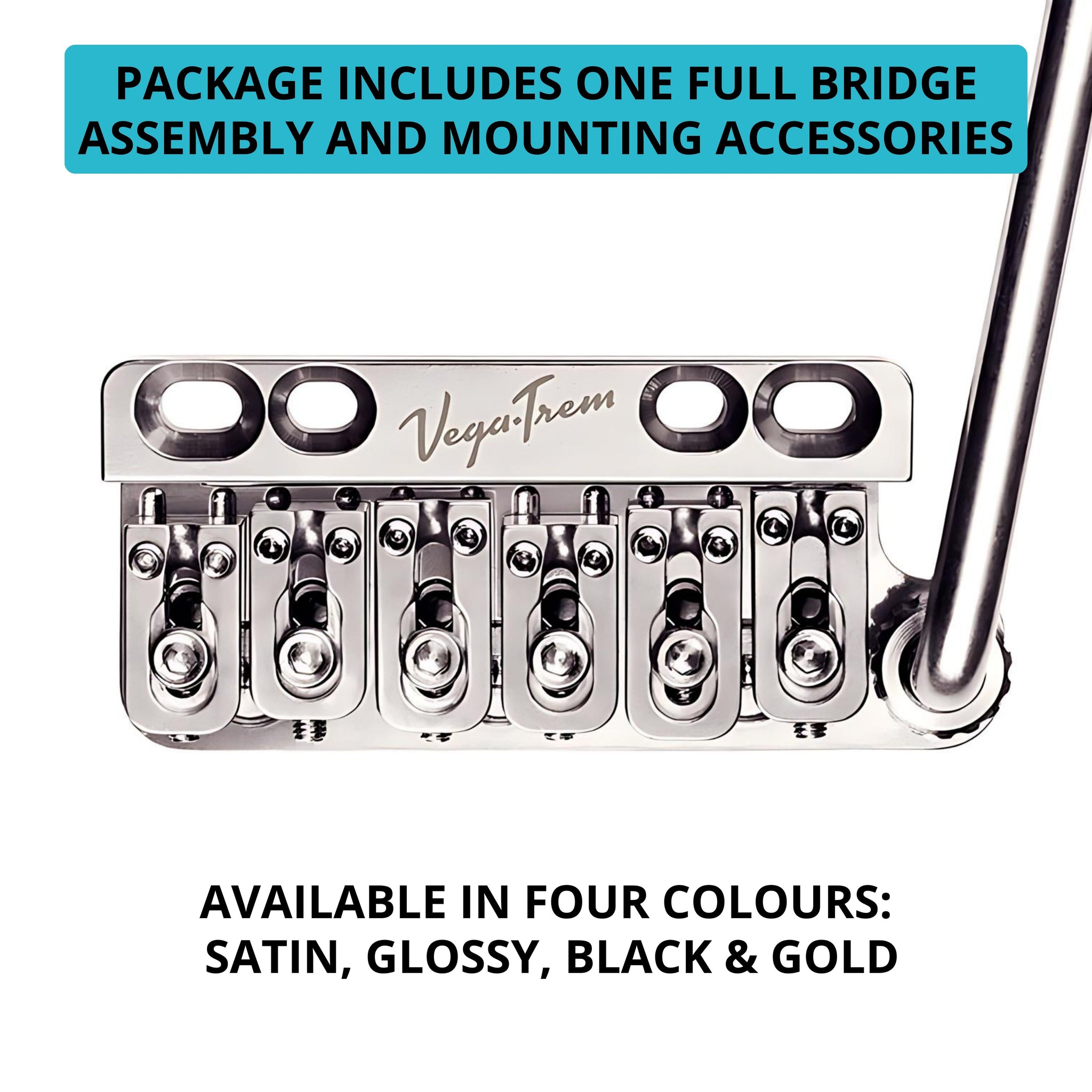Close-up of Vega-Trem VT1 Ultra-Trem 6-Screw glossy bridge and arm with text noting full bridge assembly and mounting accessories included, available in satin, glossy, black and gold