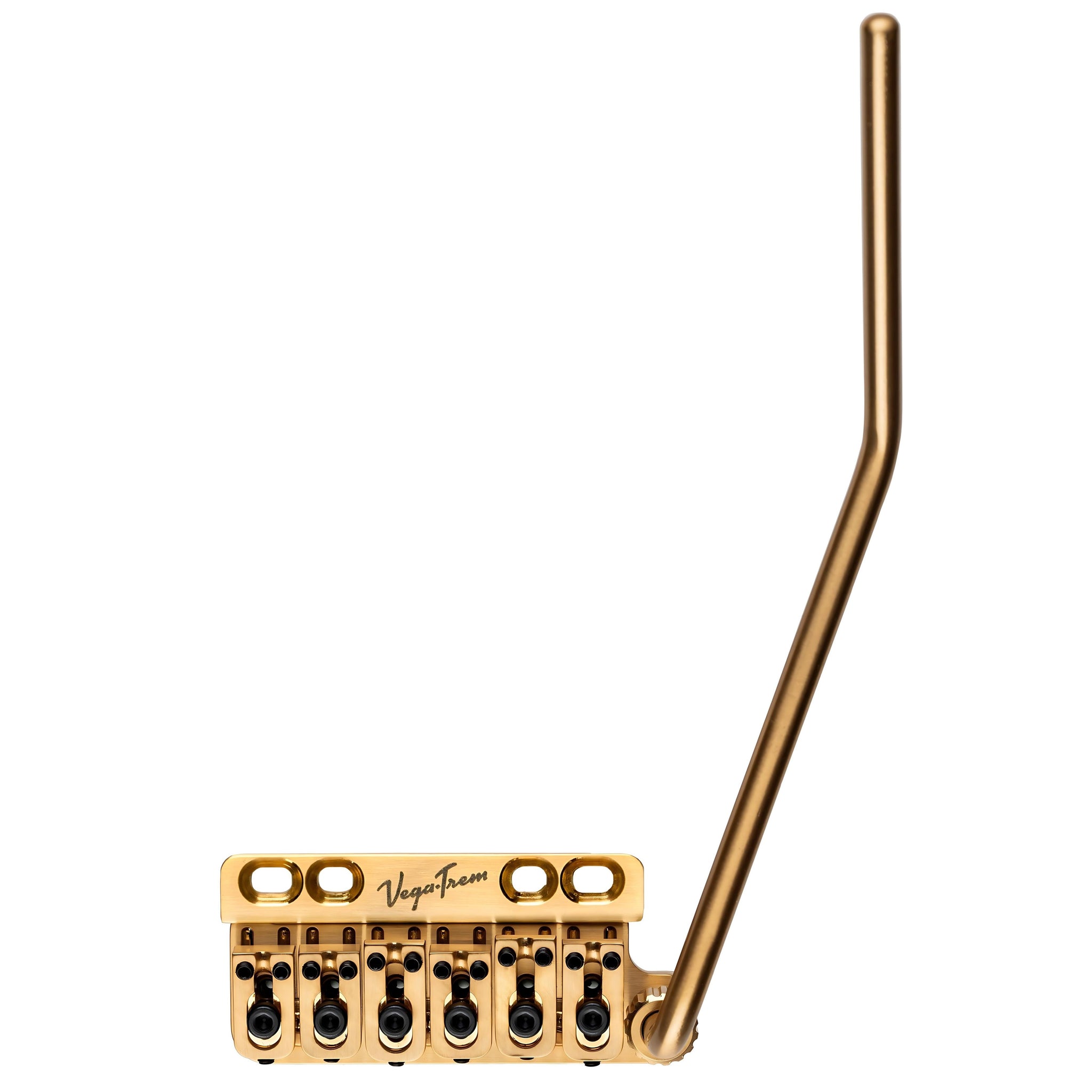 Vega-Trem VT1 Ultra-Trem 6-Screw right-handed tremolo bridge in gold finish with tremolo arm, angled front view on white background