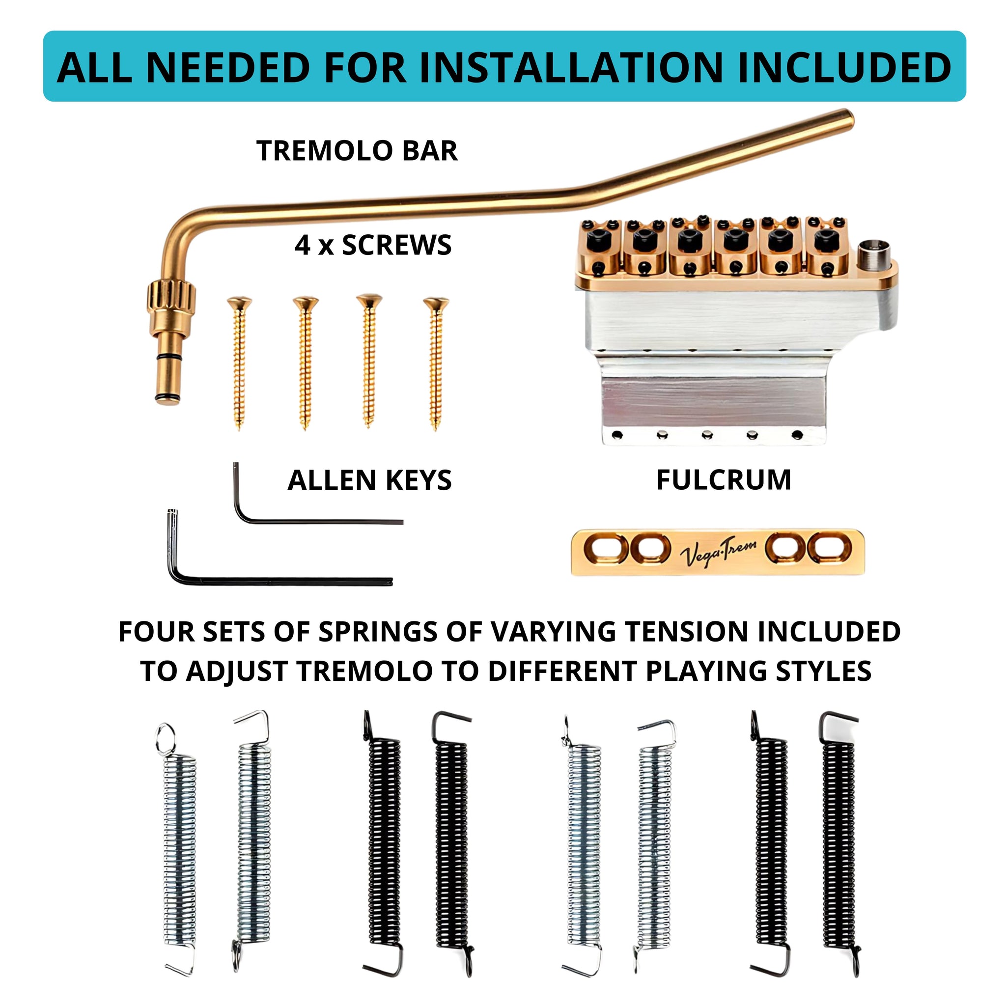 Labeled diagram of Vega-Trem VT1 Ultra-Trem 6-Screw gold installation kit: fulcrum bridge block, tremolo bar, mounting screws, two Allen keys, and four tension spring sets