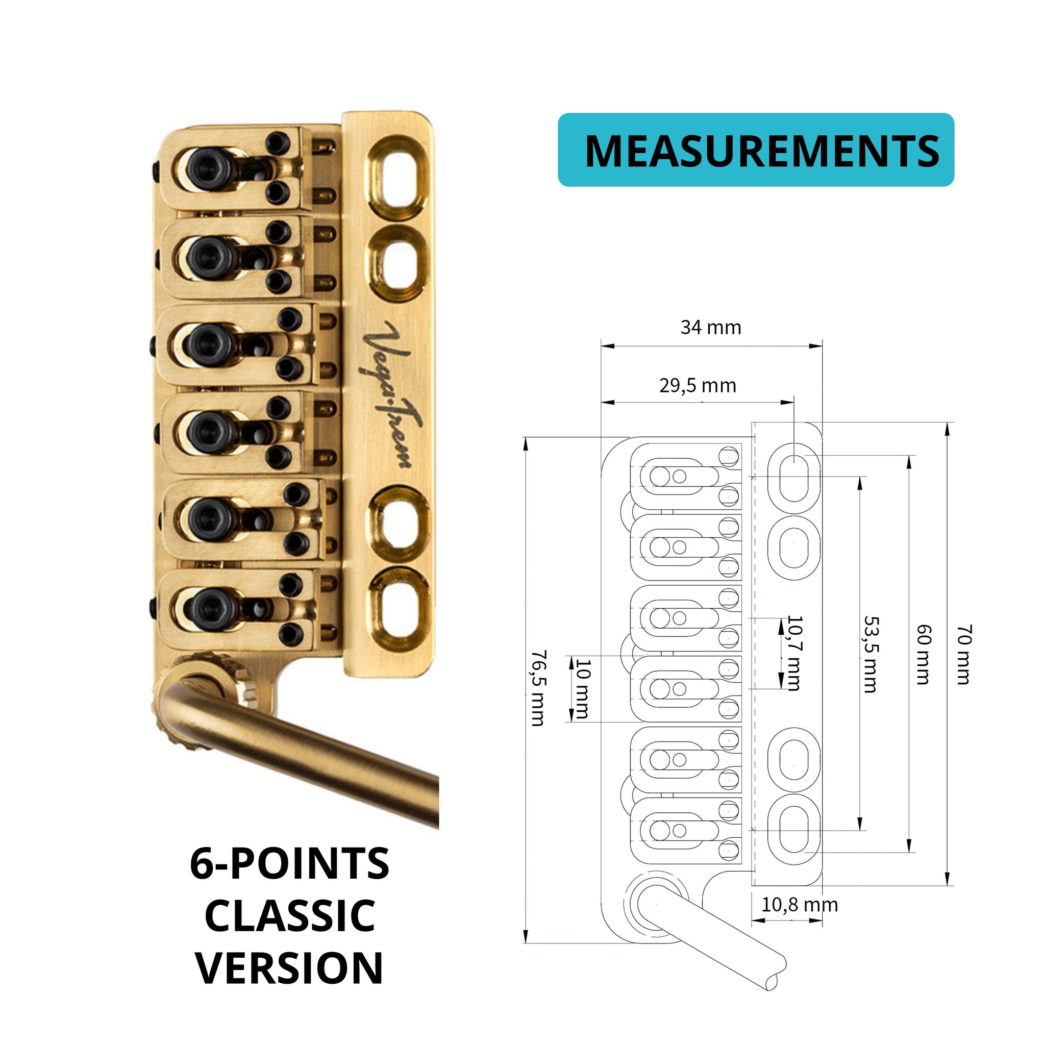 Technical measurement diagram of the Vega-Trem VT1 Ultra-Trem 6-screw gold bridge with metric dimensions for width, length and hole spacing, labeled 6-points classic version