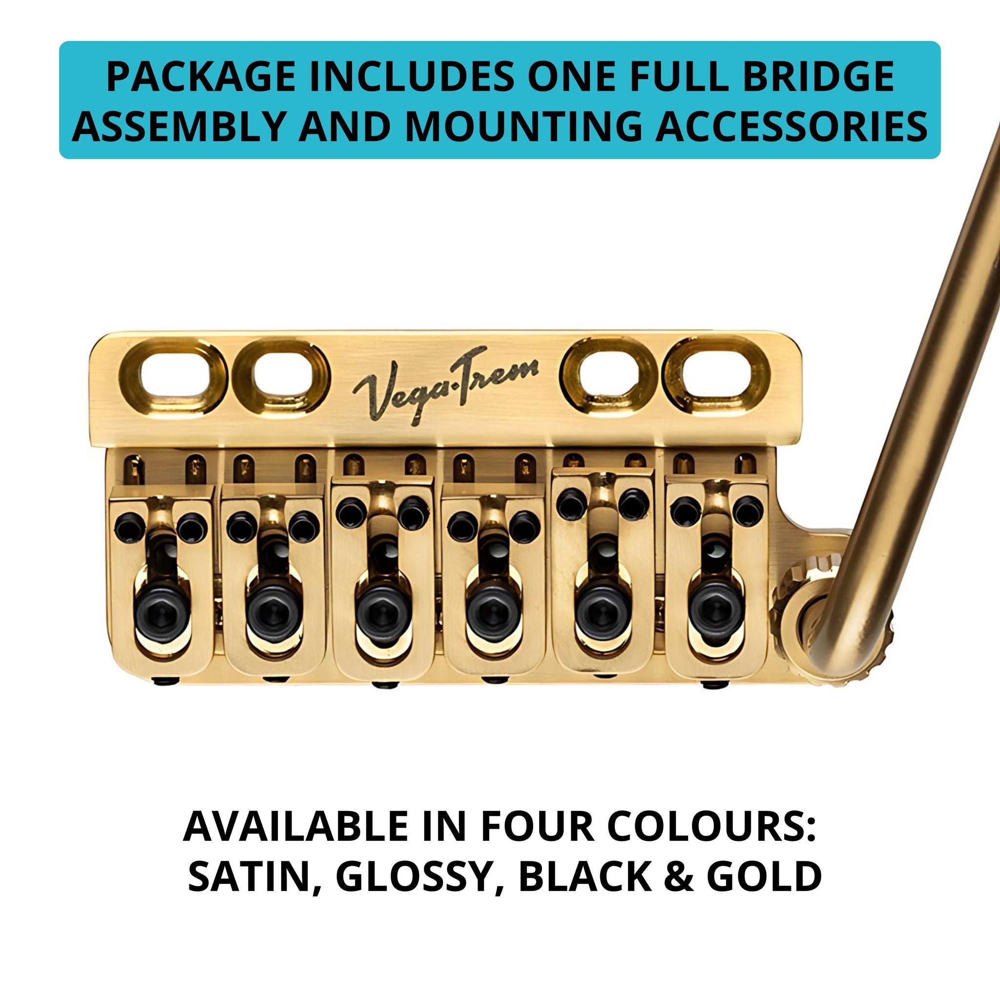 Close-up of Vega-Trem VT1 Ultra-Trem 6-Screw gold bridge and arm with text noting full bridge assembly and mounting accessories included, available in satin, glossy, black and gold