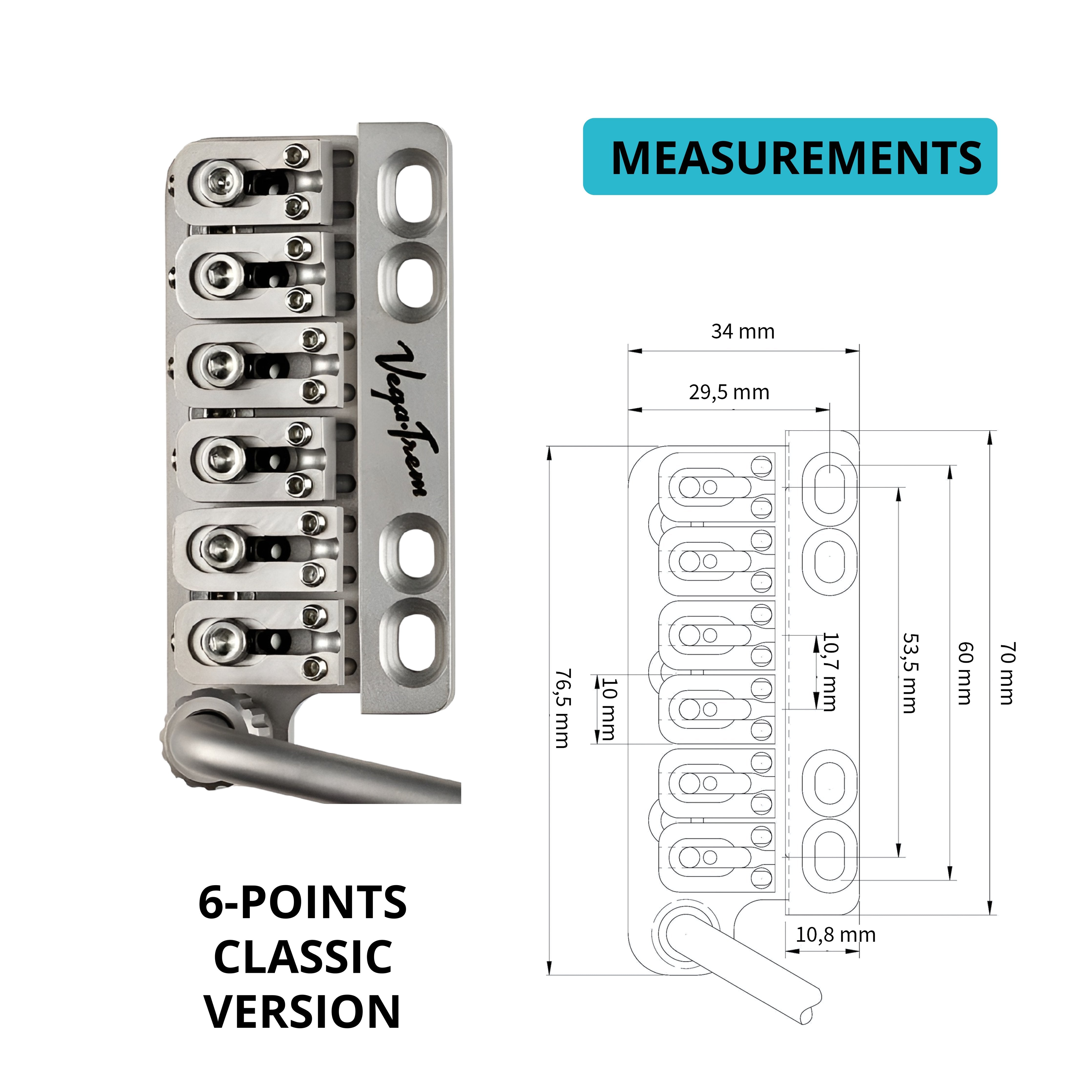 Measurement diagram for the Vega-Trem VT1 Ultra Trem 6-Screw classic bridge in Satin