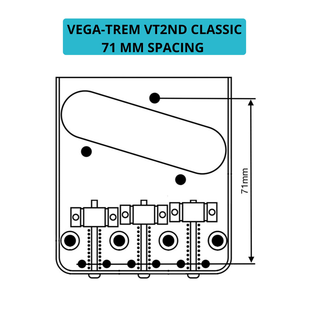 Vega-Trem VT2ND Classic 71mm bridge with fit diagram showing string-through hole to bridge pickup screw measurement