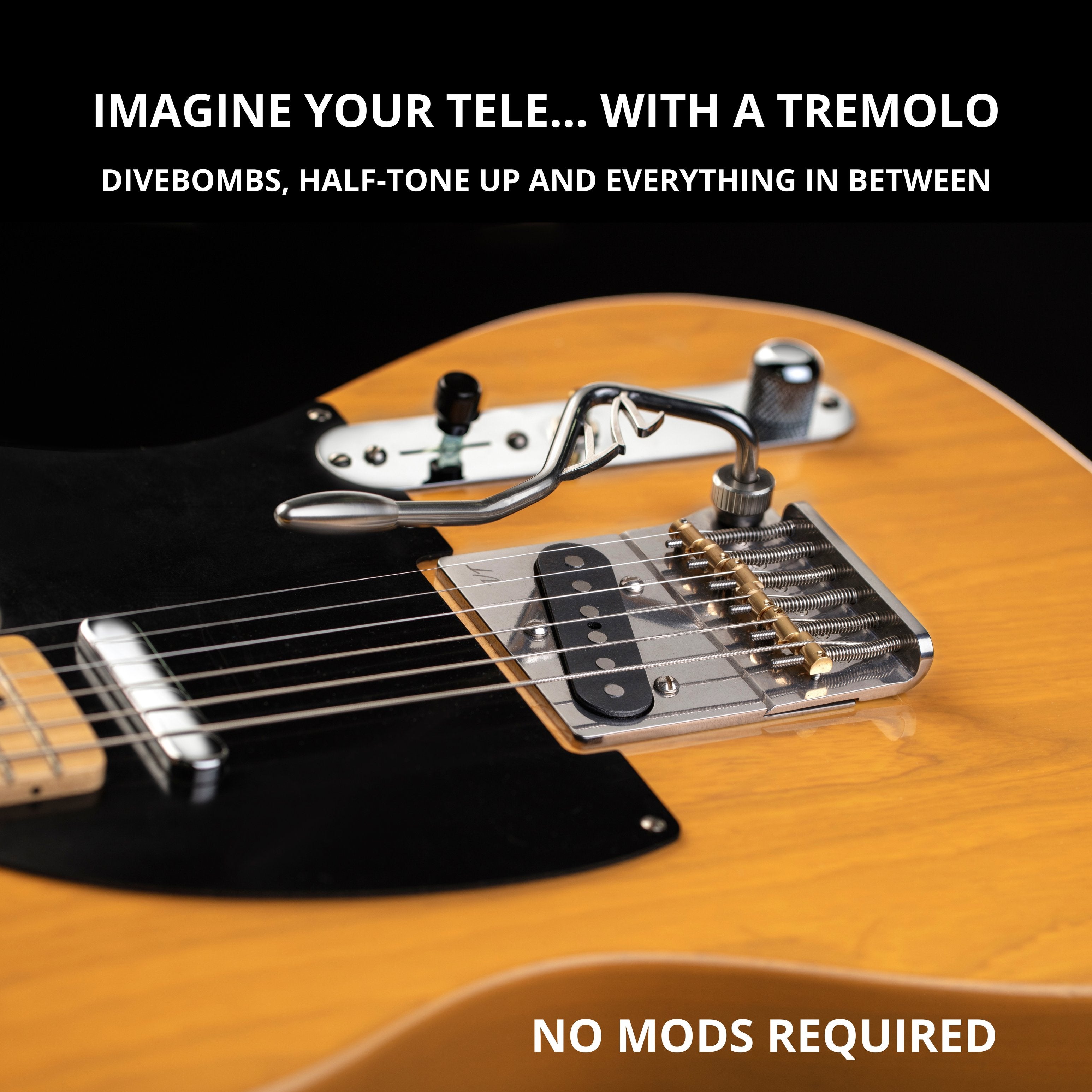 Vega-Trem VT2ND Classic 71 mm steel finish, plain arm installed on a Telecaster-style electric guitar